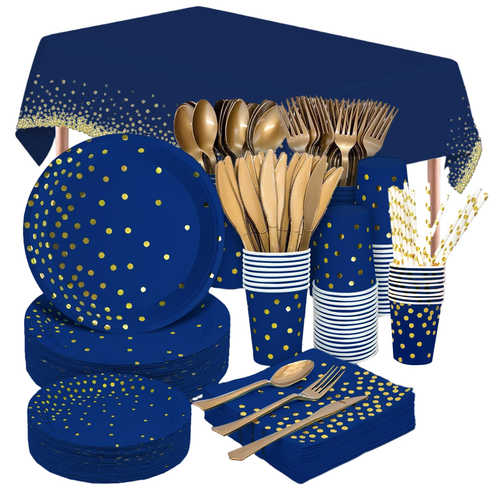 URbazaar 201 Pcs Birthday Party Supplies Golden Dots Dinnerware Disposable Party Plates Napkins Knife,Fork,Spoon,Tablecloth,Straws and Cups Sets Serves 25 Guests for Weddings, Anniversary, Birthday