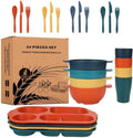 Tazweeq Wheat Straw Dinnerware Set of 4, Microwave/Dishwasher-Safe Unbreakable Tableware Plate Bowl Cup Set, Reusable Cutlery for Kids Aldult Home School Picnic (24 Pcs)