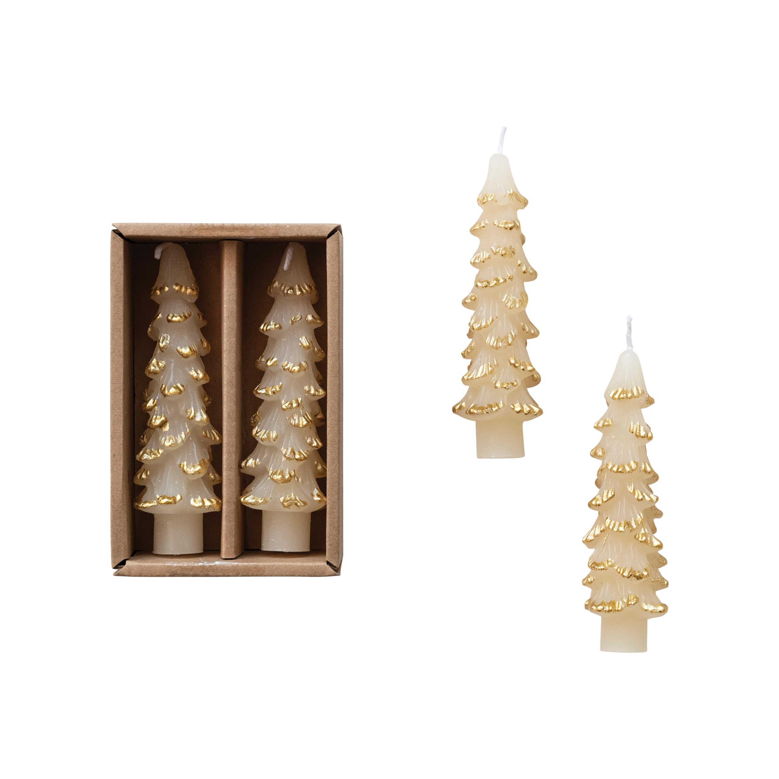 Creative Co-Op Unscented Textured Tree Shaped Taper Candles with Gold Tips in Box, Eggnog Color, Set of 2