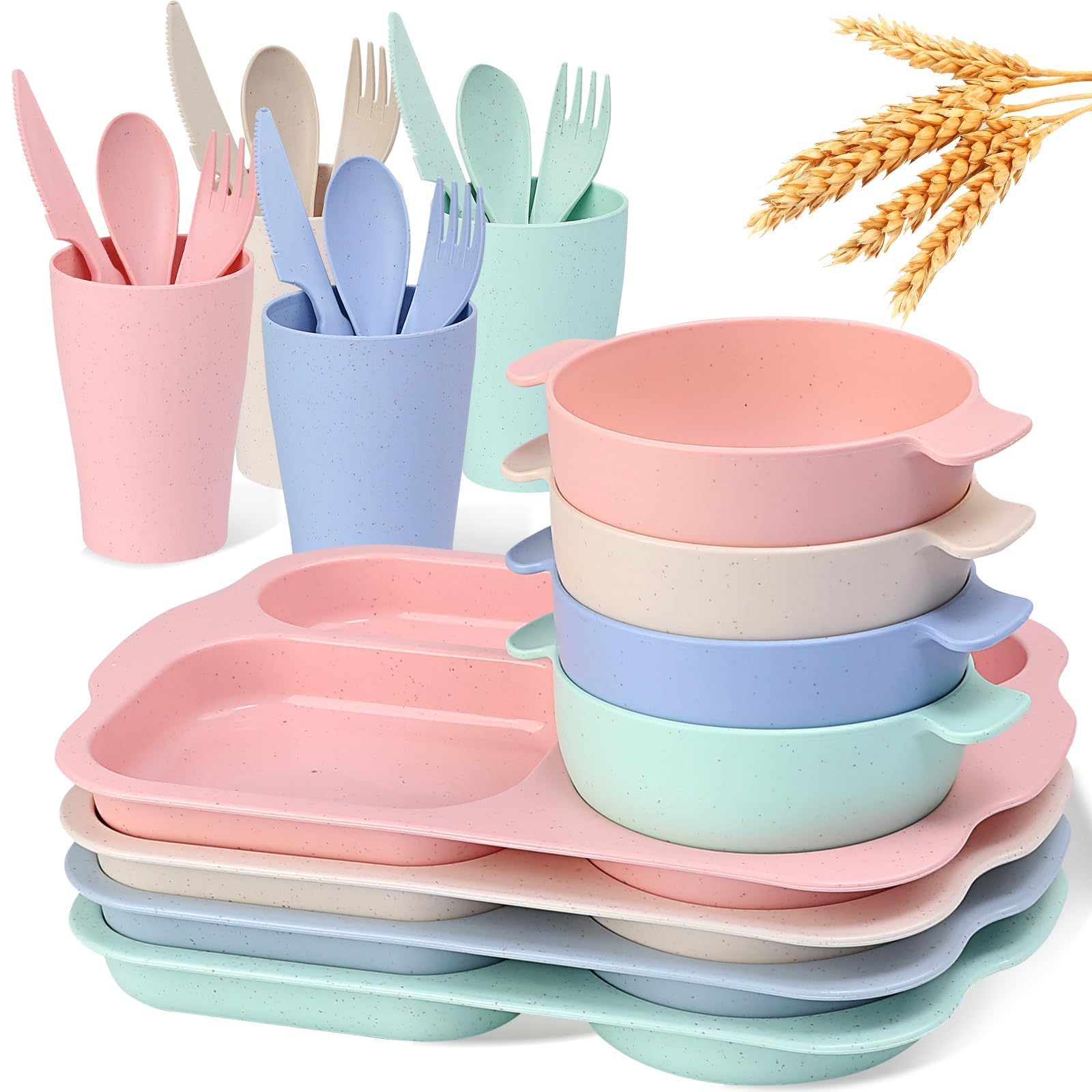 X spring Wheat Straw Dinnerware Sets, 24 PCS Eco-Friendly Plates and Bowls Set, Lightweight Unbreakable Dishware for Daily Use, Microwave Safe and Dishwasher Safe Dinnerware for Family Meals