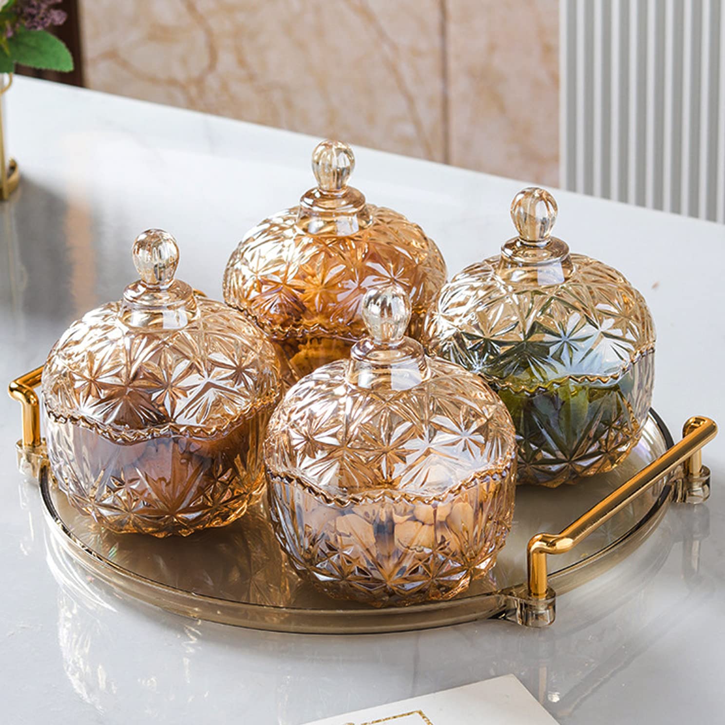 Nut and Candy Serving Tray, 5-Piece Set, 4 Crystal Glass Snack Dishes Bowls with Lid and 1 Acrylic Serving Tray, Snack Platter for Home Party, Luxury Style Serving Tray for Home Decoration