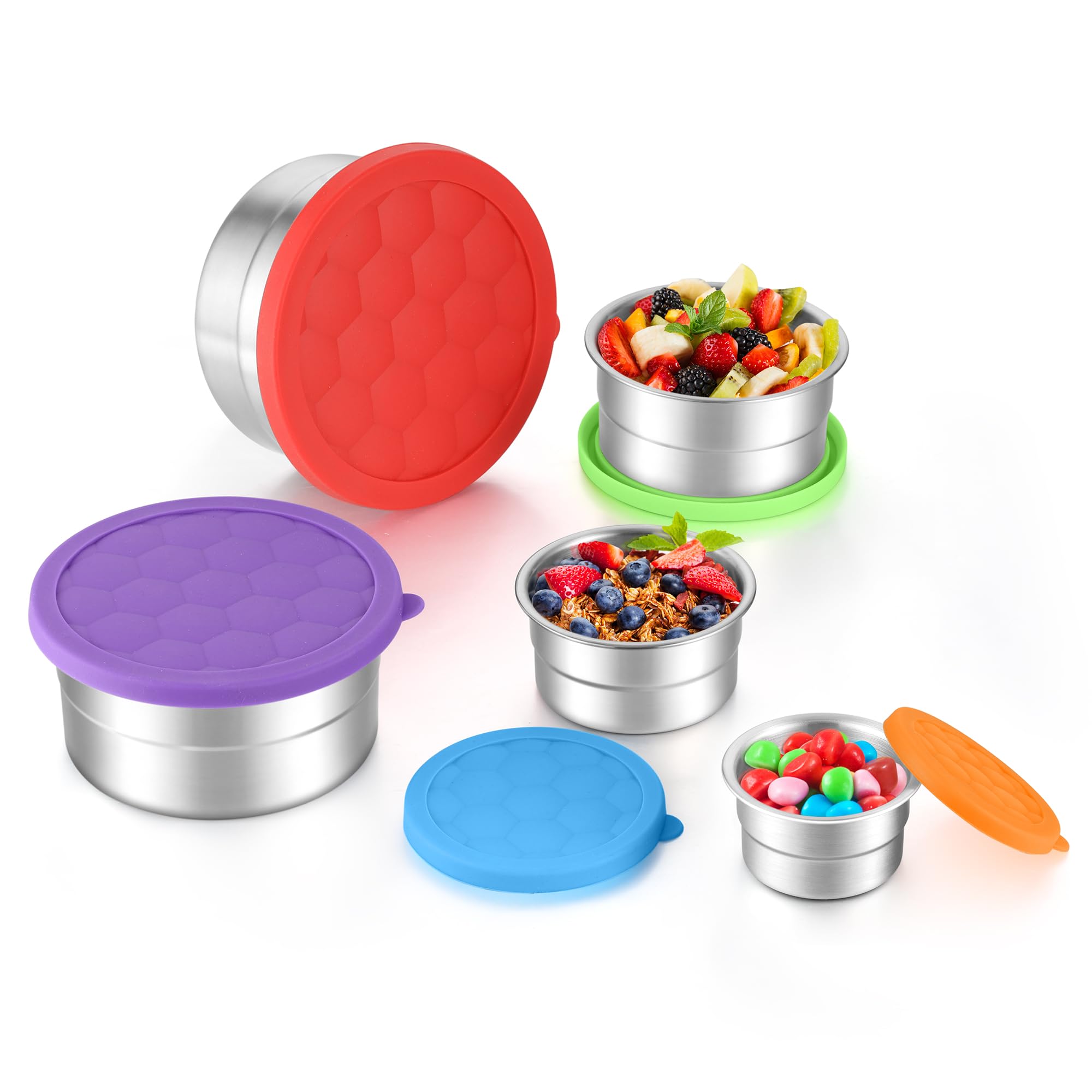 E-far Stainless Steel Food Containers with Lids Set of 5, Round Snack Containers for Kids Toddlers Adults, Metal Food Storage Box for School Lunch, Leak Proof (3oz, 6oz, 12.9oz, 20.3oz, 30.4oz)