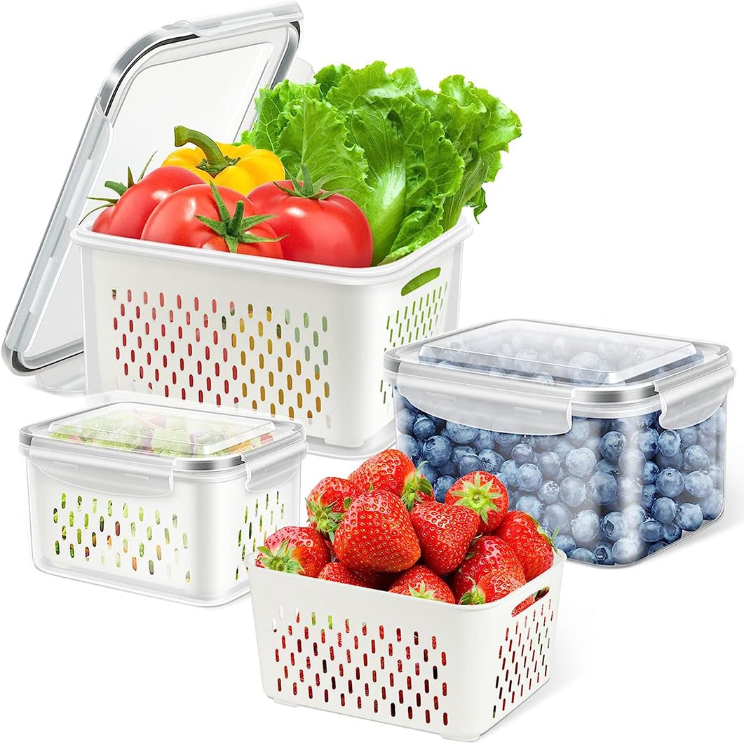 ANTOLE Fridge Food Storage Container,3 Pcs Clear Stackable Refrigerator Organizer Bins with Lid & Strainer,BPA Free Airtight Kitchen Organization,Vegetable Fruit Storage Containers (3Pcs)