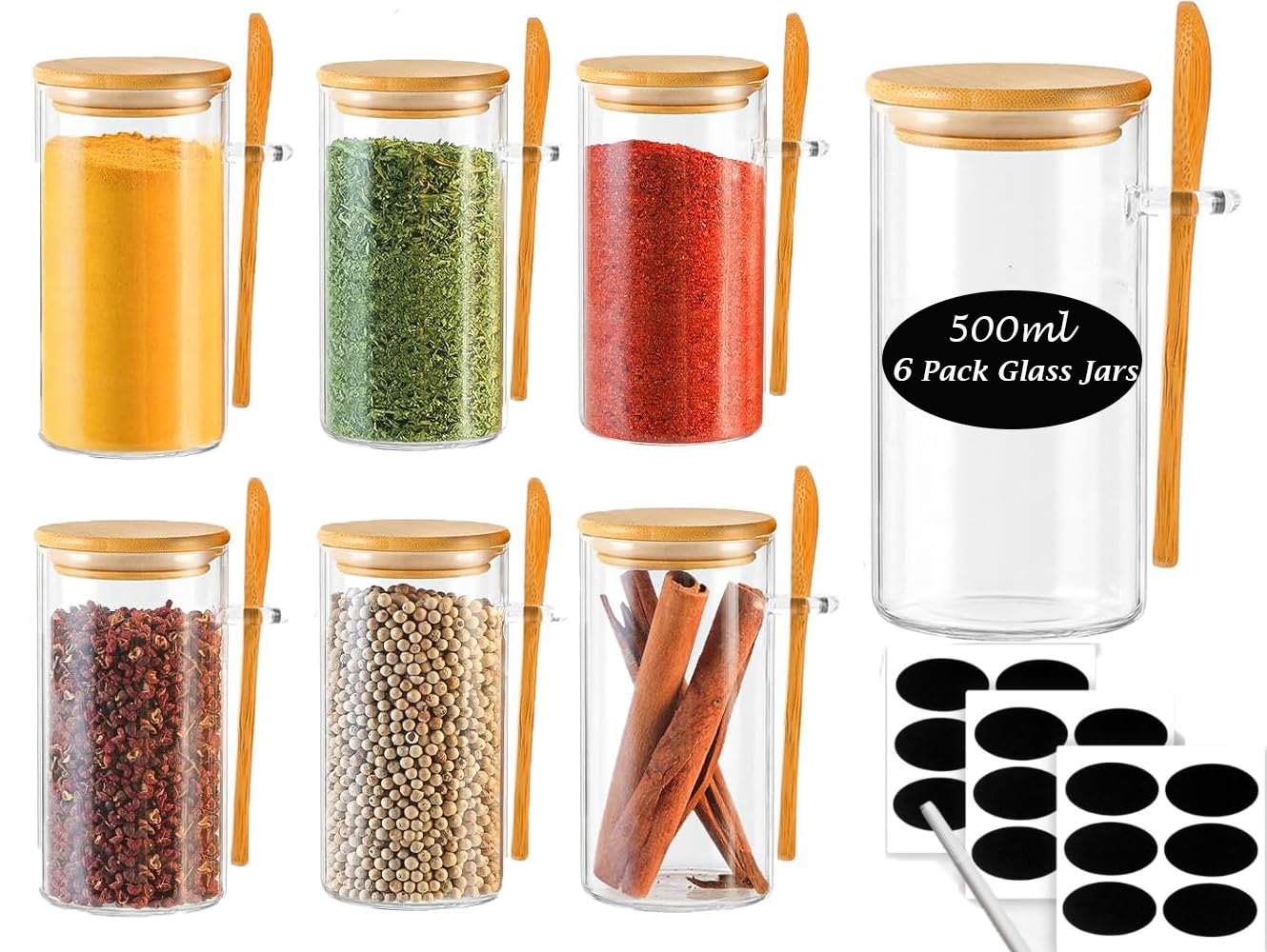 CLOUDFOUR 6 Glass Spice Storage Jar with Bamboo Lids, Spoon & Labels, 500ml Spice Container Bottle for Tea, Coffee, Cookie, Food Storage Containers for Home Kitchen, Cabinet Drawer & Pantry Organizers