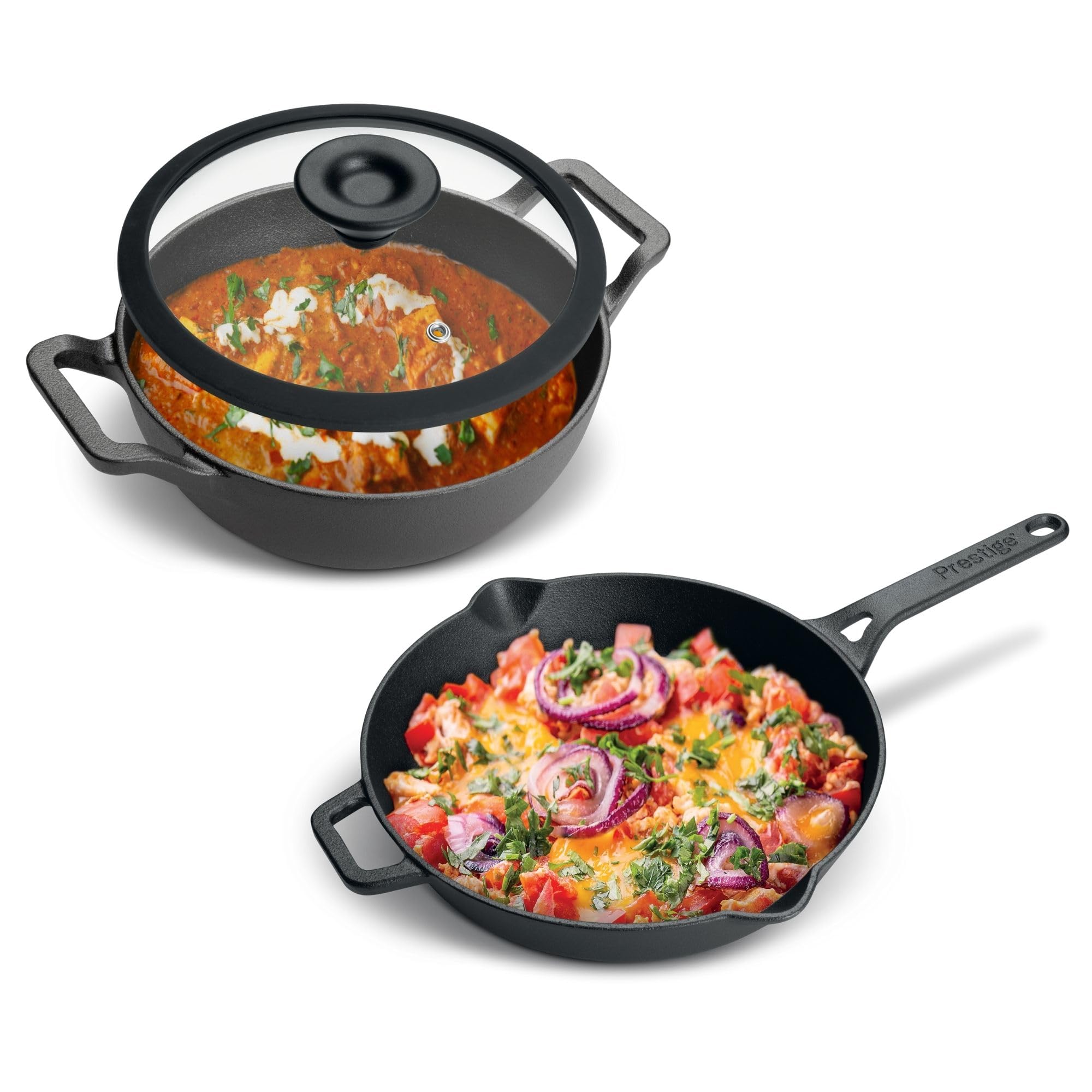 Prestige Pre-Seasoned Cast Iron Cookware Set - 24Cm Kadai W/L & 26Cm Frypan | Iron Utensils for Cooking | Induction Cookware Set | Black - PR49083