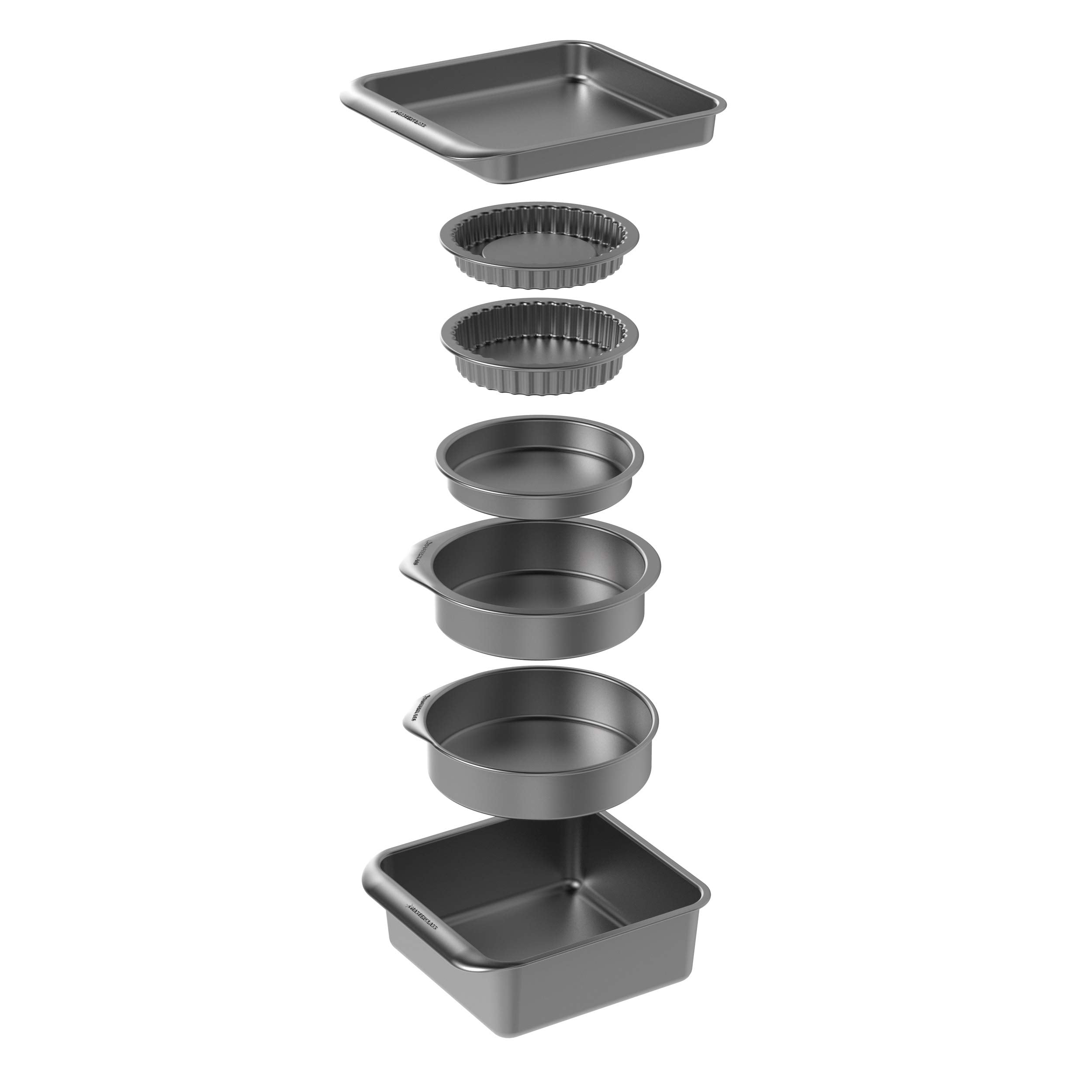 MasterCraft Master Class Smart Space Bakeware Set 7-Piece Non Stick and Stackable with 1 x Roasting Tin, 2 x Round Cake Tins, 1 x Sandwich Pan, 2 x Flan/Quiche Dishes and 1 x Brownie Tray in Gift Box