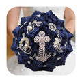 Navy Blue Bride Flower Bouquet Bridal Blingbling Crystal Satin Rose Wedding Bouquet Beaded Flower for Bridesmaids 2019-Diameter 15Cm