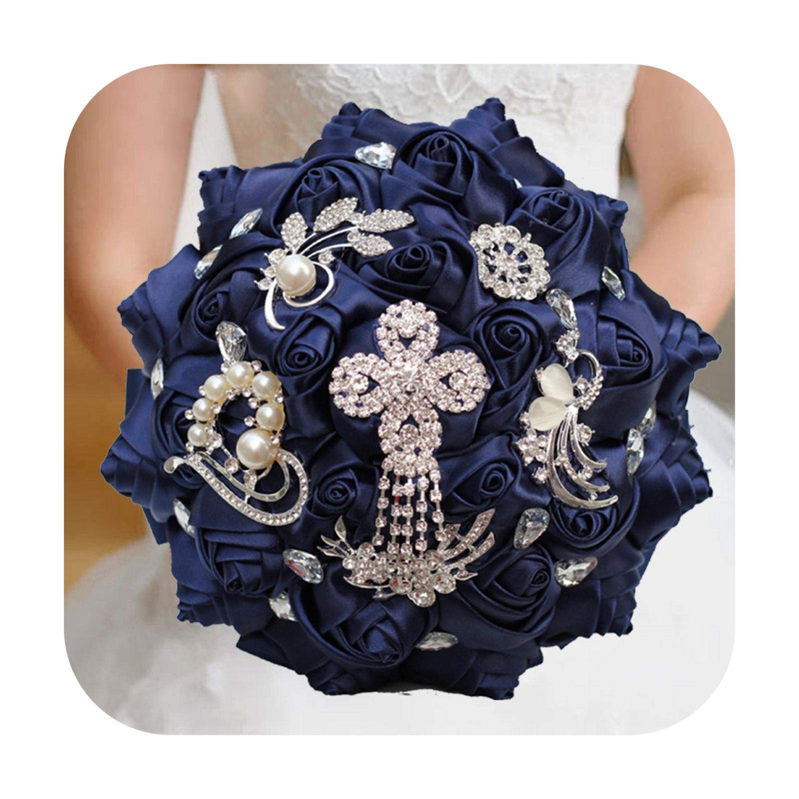 Navy Blue Bride Flower Bouquet Bridal Blingbling Crystal Satin Rose Wedding Bouquet Beaded Flower for Bridesmaids 2019-Diameter 15Cm