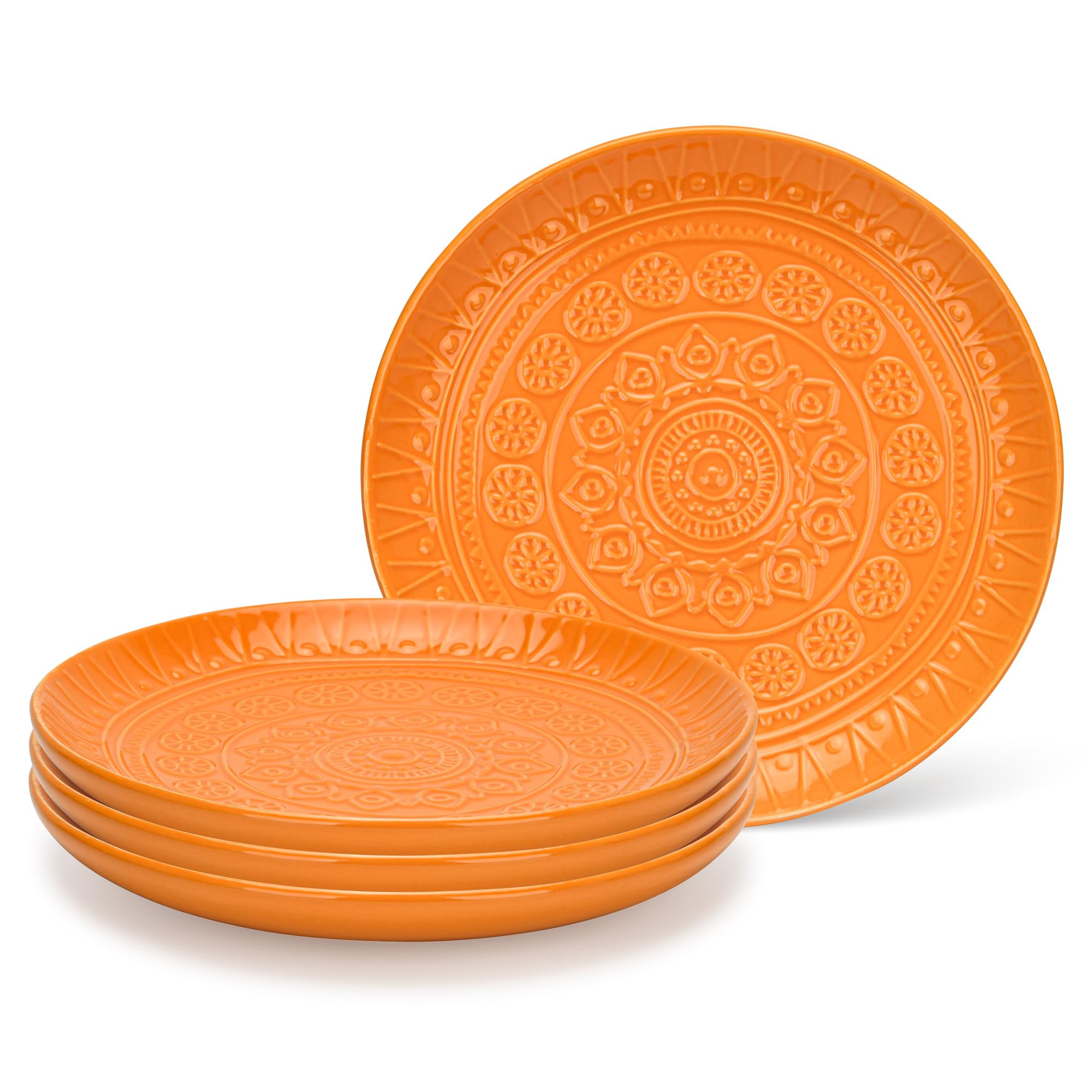 Ceramic Dinner Plate 20.8cm Pack of 4 by Fissman, Motif Series Ceramic Tableware Dishes, Round Moroccan Pattern Design Dinner Plate, Food Grade Plate, (Orange)