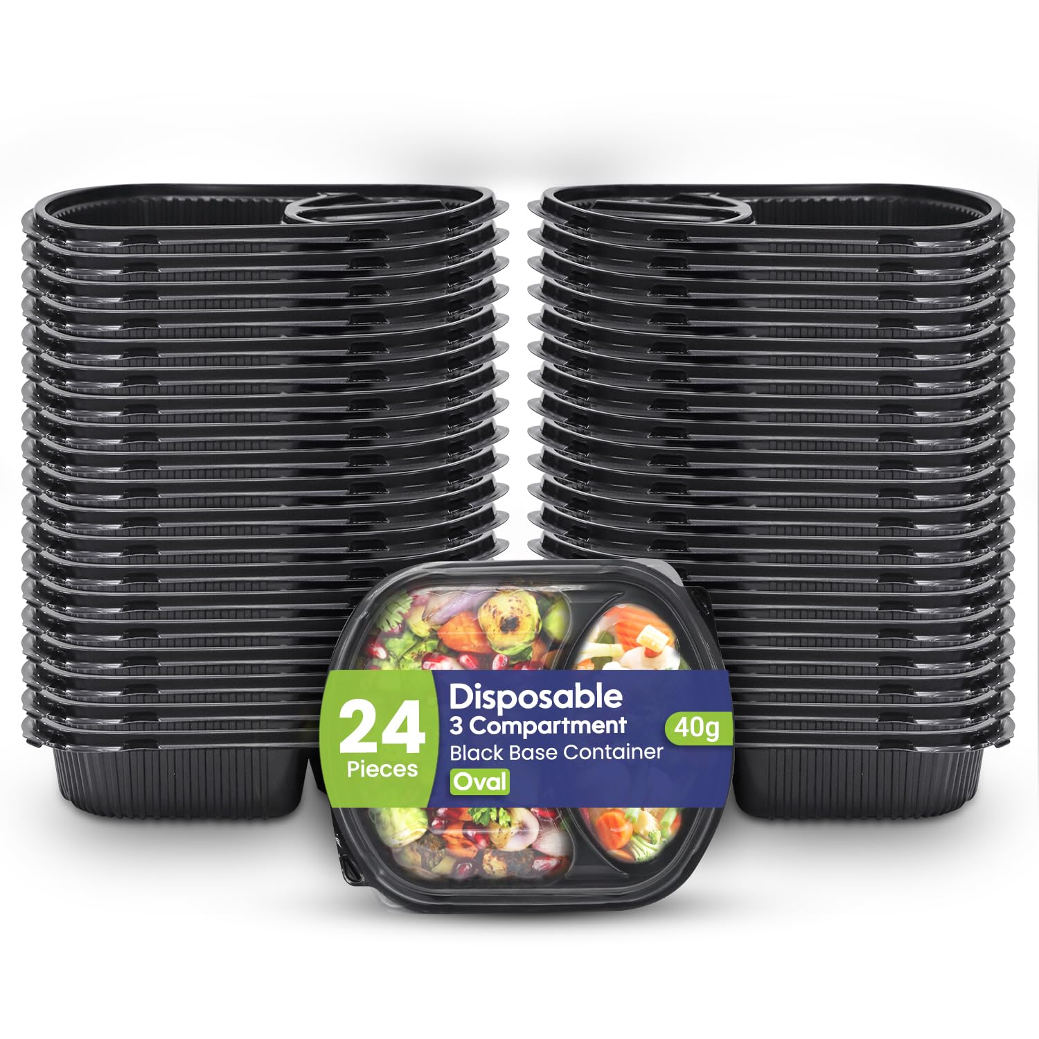 SNH Packing Disposable 24 Pack Oval Black Base Meal Prep Containers with Lids – 3 Compartment, Microwave, Freezer & Dishwasher Safe, Leak-Proof Food Storage Boxes