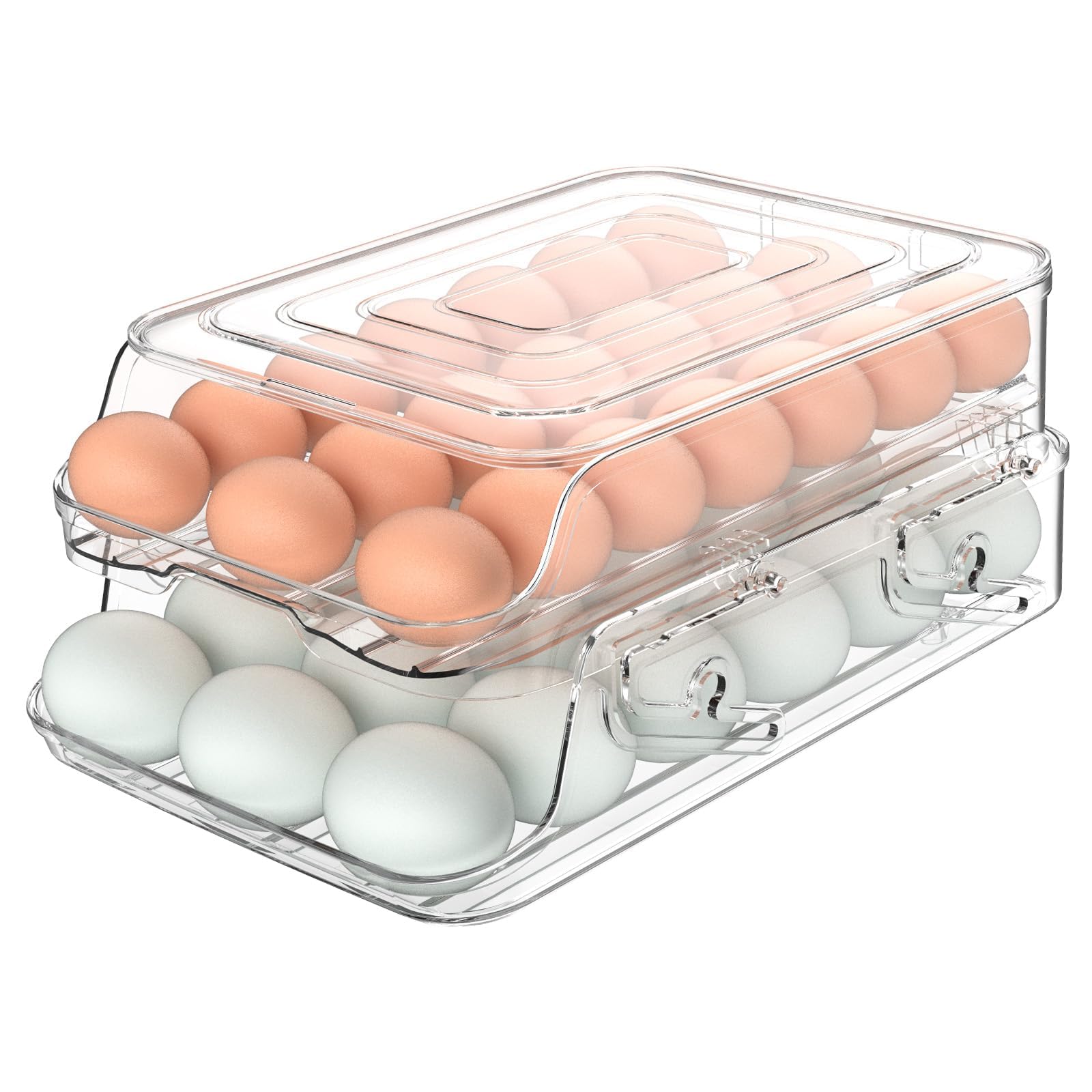 42 Egg Holder for Fridge, Automatic Rolling Egg Dispenser, Stackable Plastic Storage Container, Clear Refrigerator Organizer Tray, Large Capacity Bin with Lid, Space Saving Kitchen Accessories