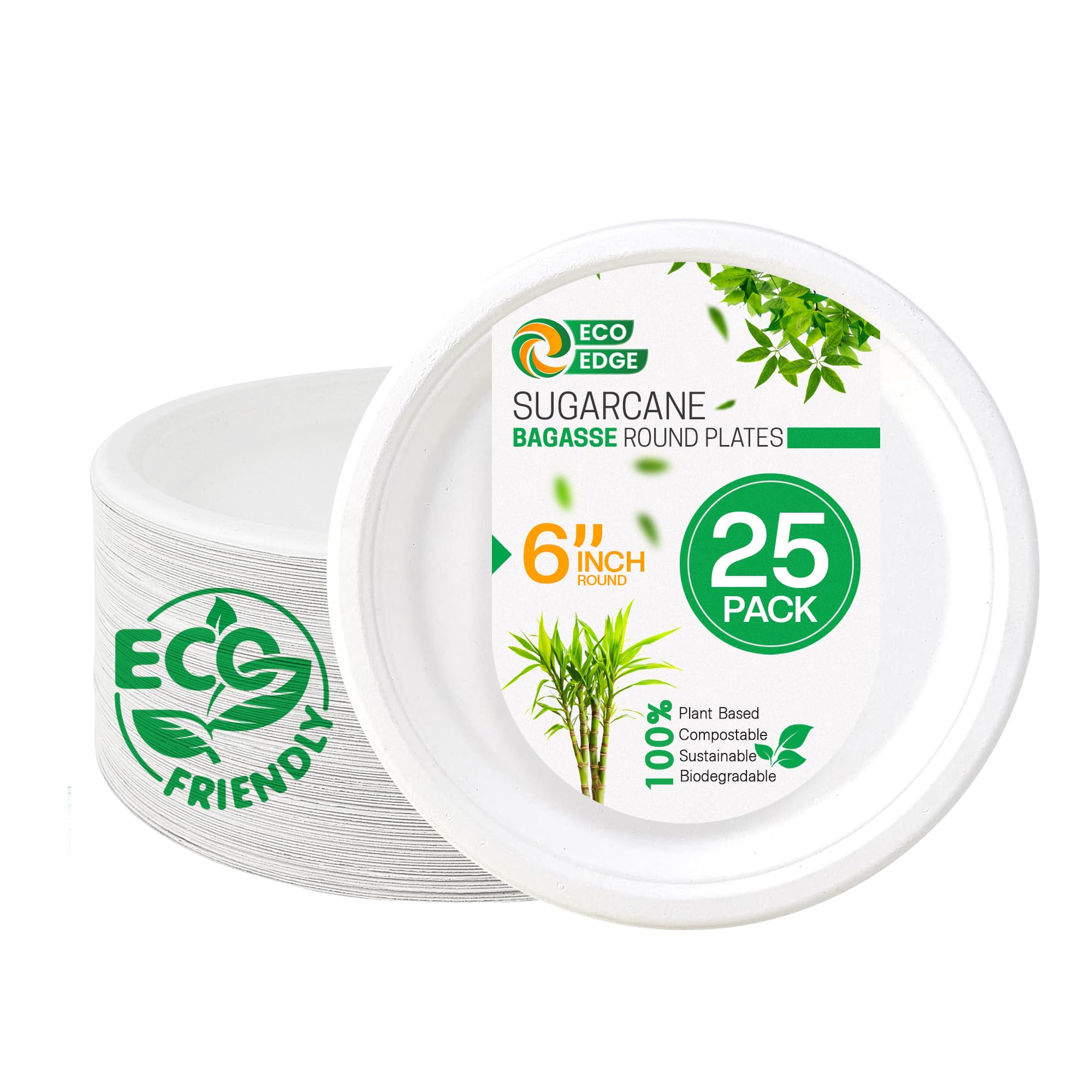 EcoEdge 6 Inch Round White Disposable Sugarcane Pulp Plates (Pack of 25) | Natural Fibre Tableware, Sustainable, Biodegradable | No Toxins, Durable, Heat Resistant | 100% Compostable