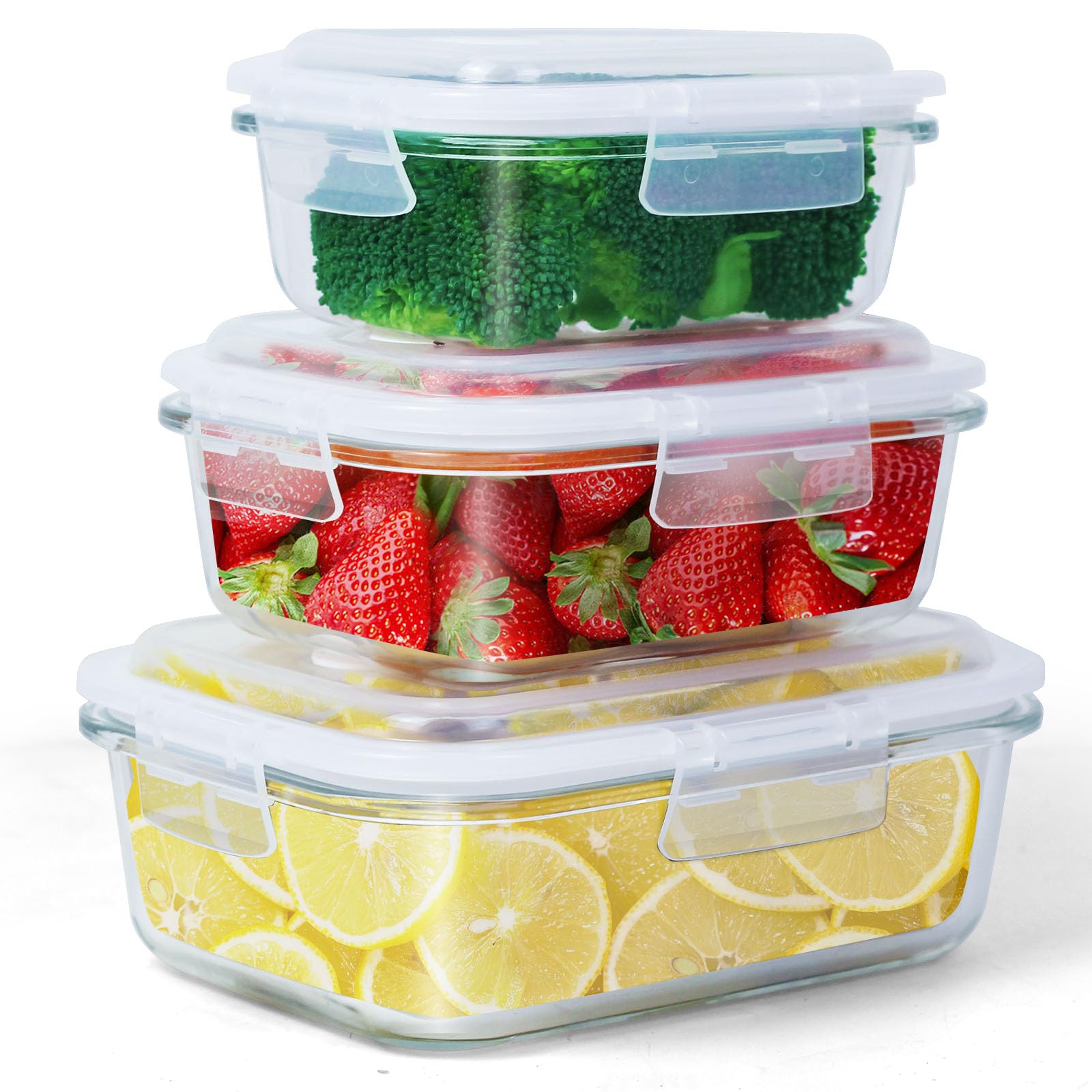 SKY-TOUCH 3PCS Glass Storage Containers : Airtight Bento Boxes Set with Leak Proof Locking Lids Microwave Safe Glass Crisper for Home Office Kitchen Camping Meal Prep Storage