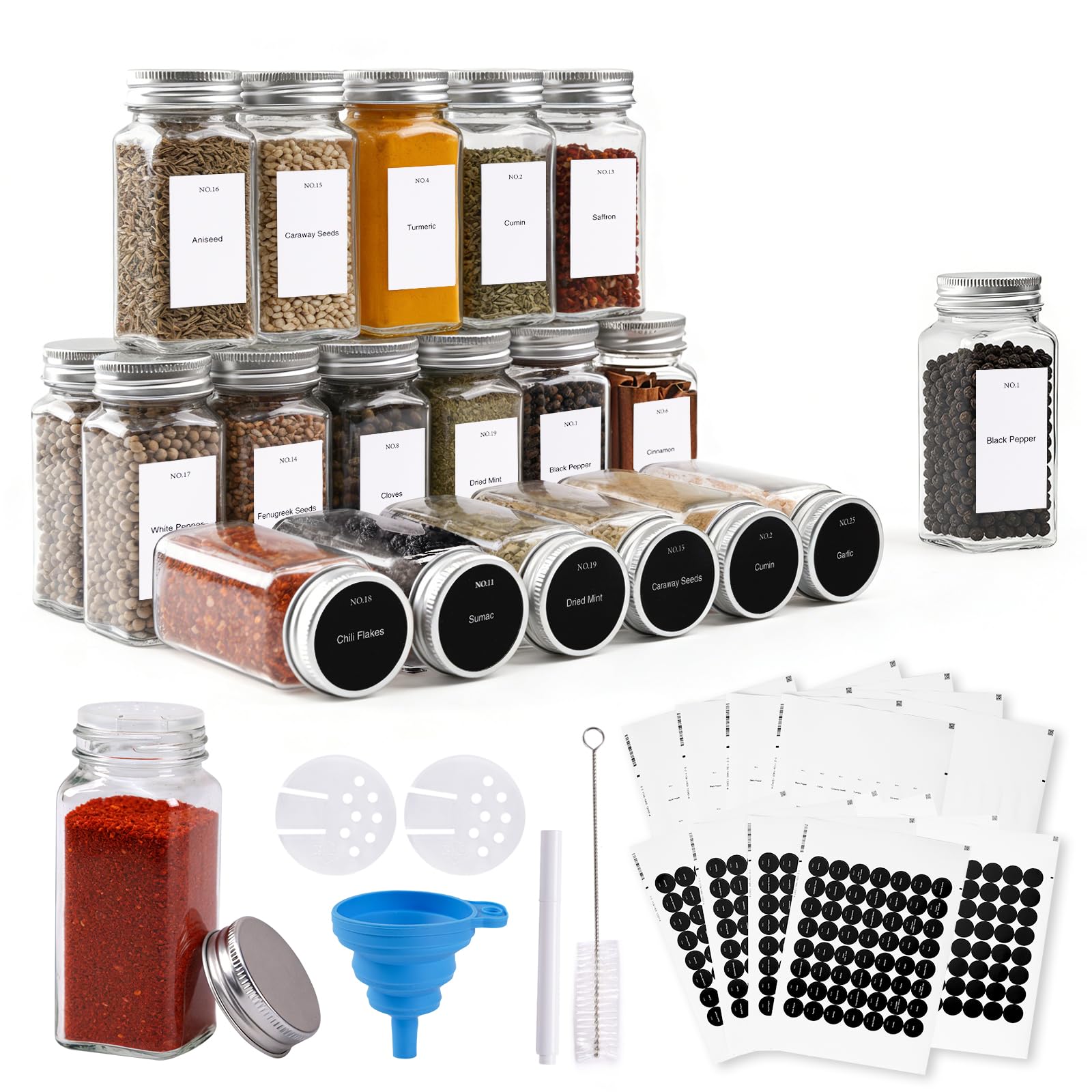 SKY-TOUCH 24 pack Glass Spice Jars with Shaker Lids,Seal Seasoning Jars with Labels for Kitchen,Spice,Cabinet, Drawer,120ml Glass,with Collapsible Funnel and Mark pen