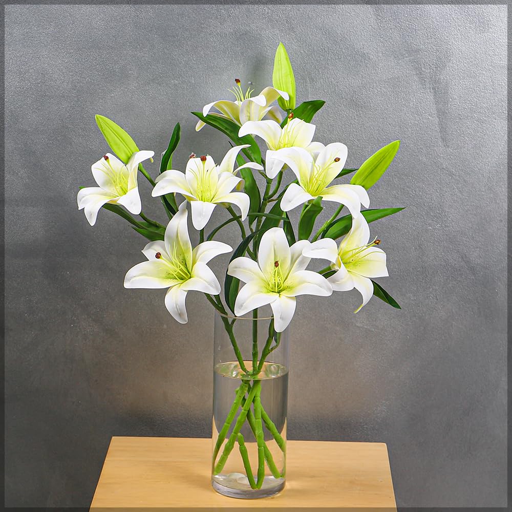 6pcs Artificial Lily Flowers, Long-lasting & Maintenance-Free Fake Flowers, Real Touch Lifelike Silk Lily Flower with Realistic Green Leaves, Faux Flower Arrangements for Home Office Decor