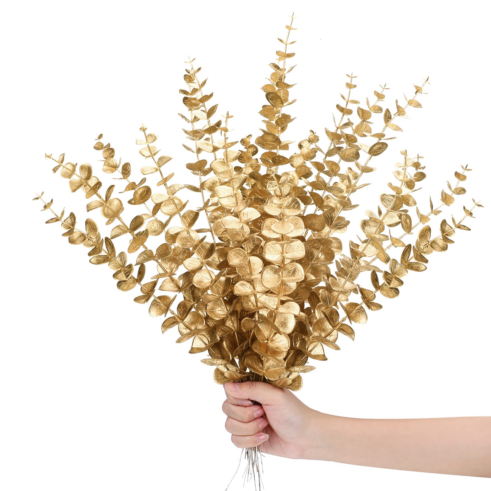 12 Pieces Gold Artificial Eucalyptus Stems Faux Eucalyptus Spray Fake Leaves Decor Fall Faux Floral Arrangement Artificial Eucalyptus Flower for Wedding Party Bouquet Home Farmhouse Vase DIY Craft