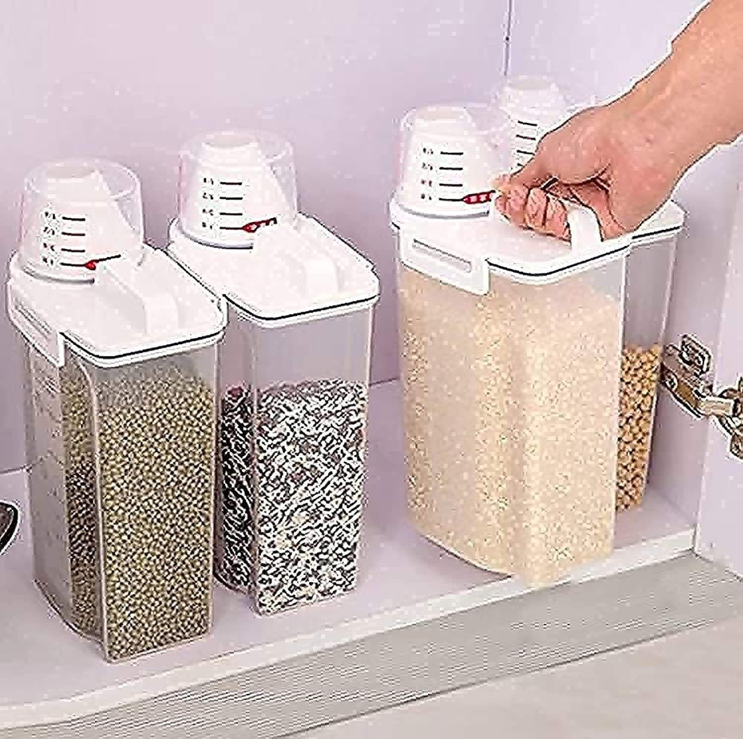 Premify 4pcs Cereal & Dry Food Storage Containers with Measuring Cup, Airtight Plastic Kitchen Storage Organizer, Clear Food Storage Box for Flour, Sugar, Rice | BPA Free Container with Locking Lids