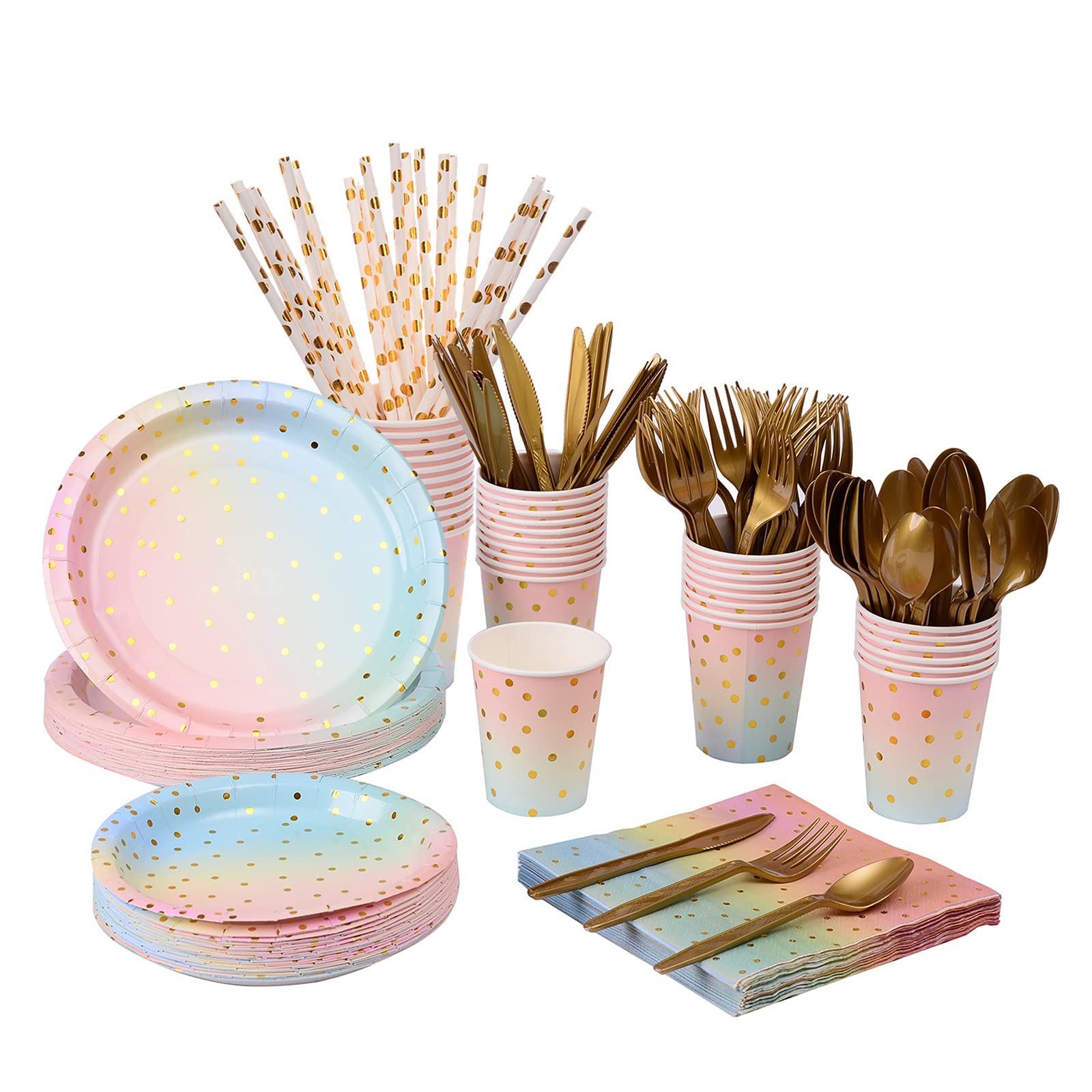 MAKINGTEC Disposable Paper Dinnerware Serves 25, 200 Pcs Pastel Paper Plates Napkins Cups Gold Plastic Silverware Sets for Wedding Birthday Baby Shower Holiday Parties