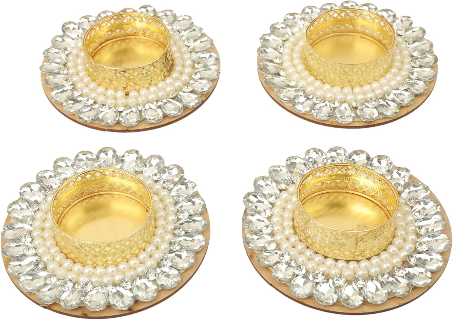 Set of 4 Pearl Moti Design T Light Holder Candle Stand Tealight T-Light Holders for Indian Christmas New year Decorations Cultural Housewarming Festival Lighting Decor(Without Wax)(White)(Size:-3")
