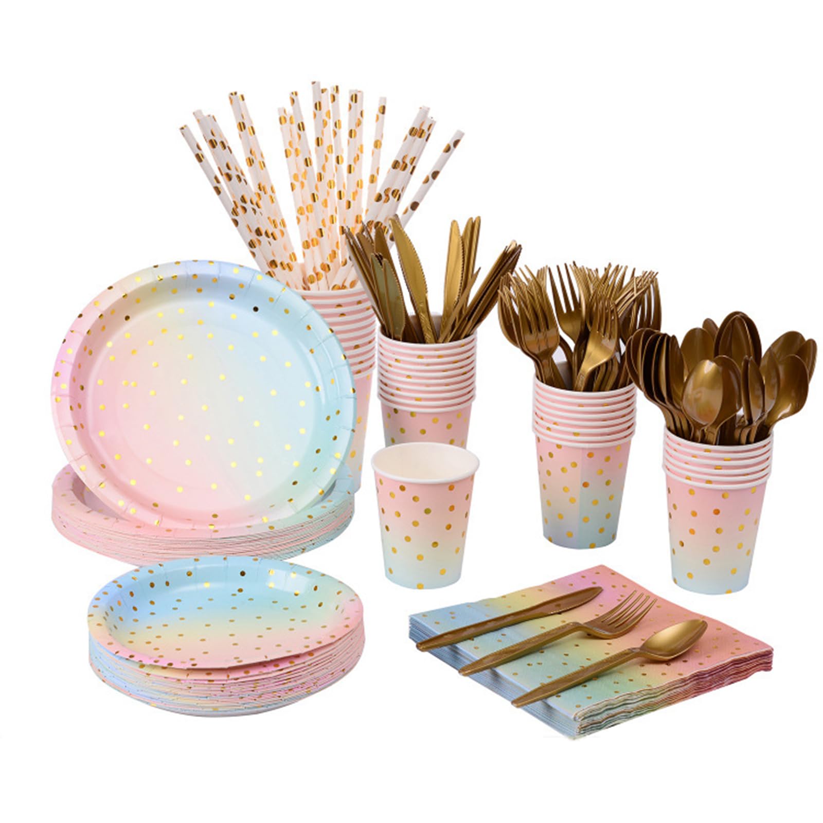 Arabest Party Supplies Set, 200Pcs Disposable Paper Tableware,Plates,Napkins,Cups,Gold Plastic Knife,Fork,Spoon,Straw Sets,Supplies for Wedding,Anniversary,Birthday,Party