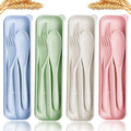 Joyzzz Travel Utensil Set, 4 pcs Green, Beige, Pink, Blue BPA Free Wheat Straw Reusable Spoon Knife Forks Tableware, Portable Cutlery for Travel Picnic or Daily Use, Cutlery with Case Travel Set
