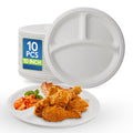 SNH Packing 10" 3-Compartment White Disposable Plates [10 Pack] - Heavy-Duty Bagasse Sugarcane Plates, Eco-Friendly, Biodegradable, Compostable, Microwave-Safe & Leak-Proof for Party, Picnic, Dinner
