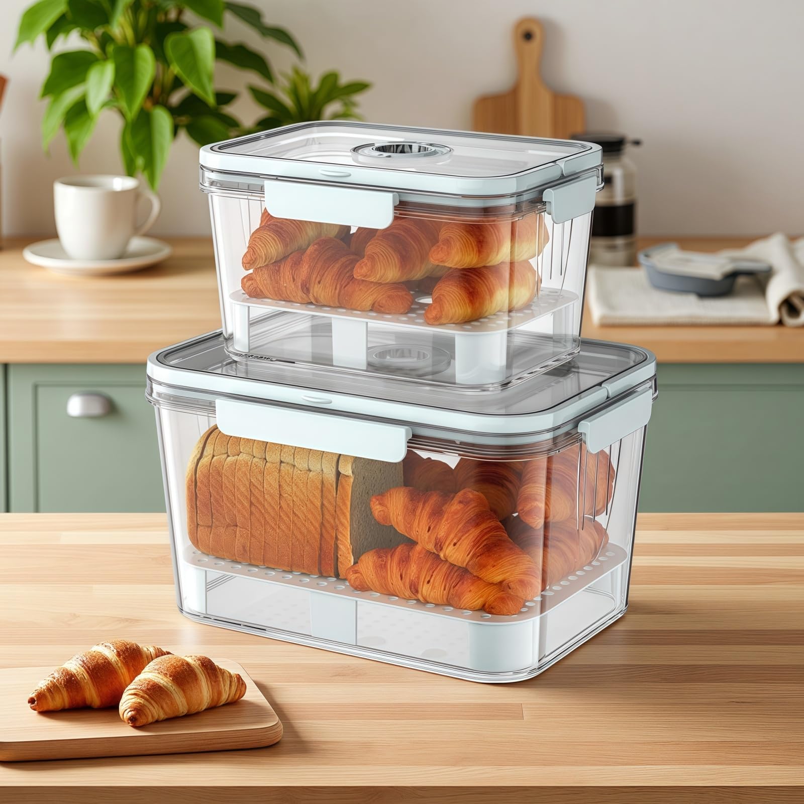 2 Pack Airtight Bread Box & Food Storage Containers – Time-Tracking Countertop Bread Storage for Kitchen, BPA-Free Bread Keeper with Secure Seal