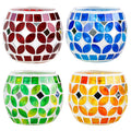 SHMILMH Mosaic Candle Holders Set of 4, Handmade Glass Tealight Votive Holders, Vibrant Red Yellow Blue Green for Diwali Christmas Wedding Party Decor, Year-Round Festive Centerpiece