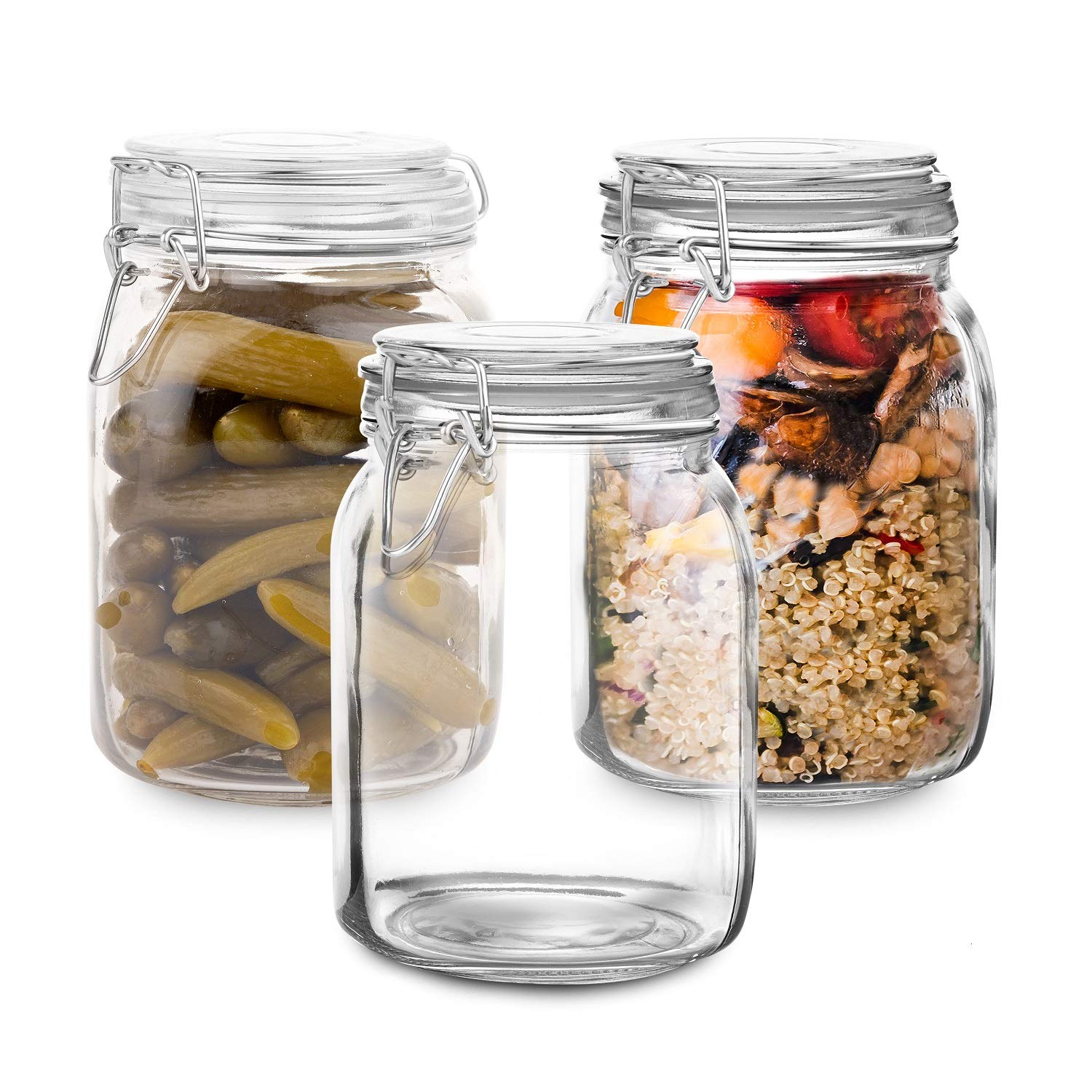 Set Of 3 Glass Mason Jar With Lid (1 Liter) | Airtight Storage Container For Food, Flour, Pasta, Coffee, Candy, Dog Treats, Snacks & More Organization Canisters 34 Ounces
