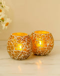 Homesake Moroccan Yellow Glass Crackle Mosaic Candle Holder, Tea Light Holder Votive, Set of 2