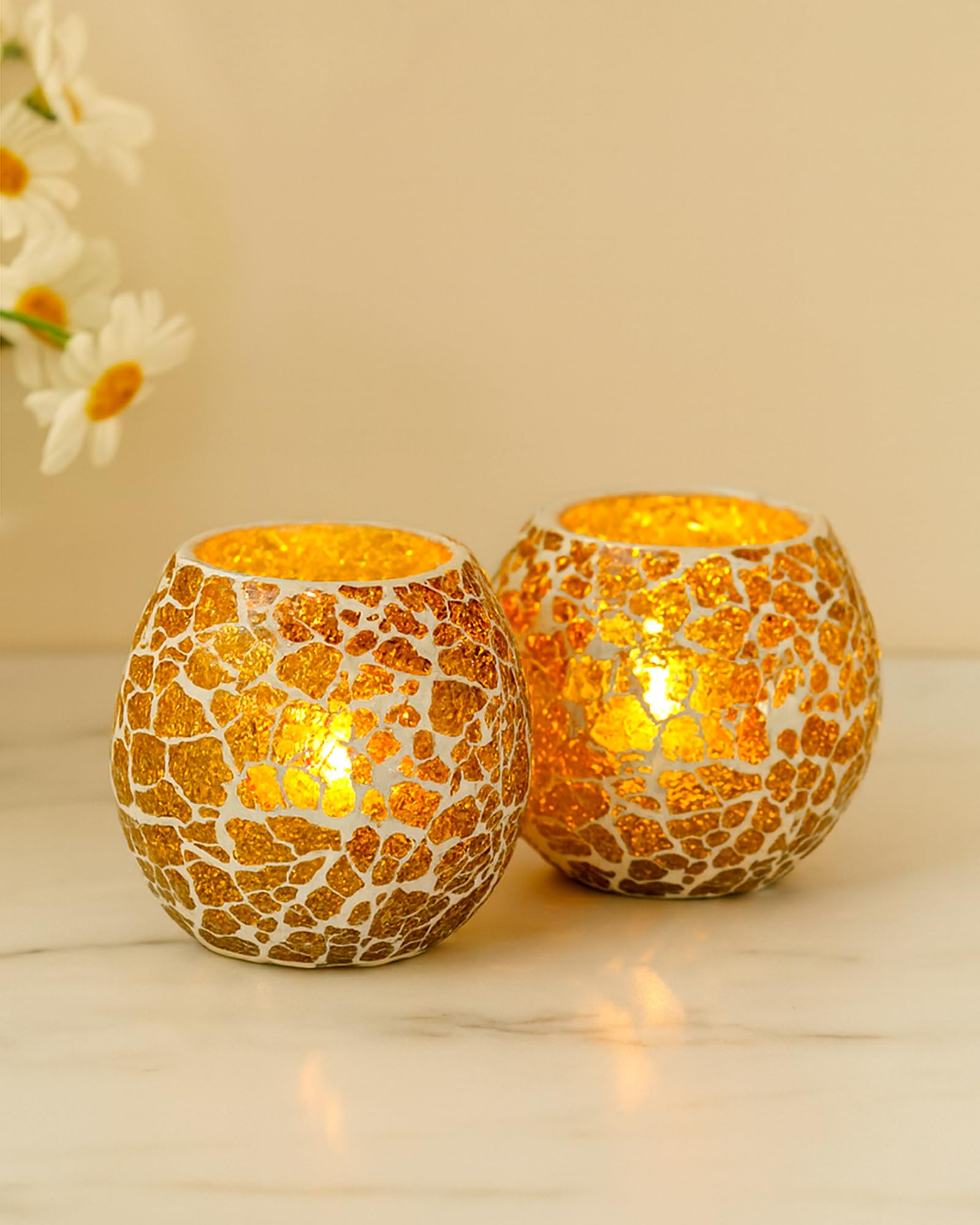 Homesake Moroccan Yellow Glass Crackle Mosaic Candle Holder, Tea Light Holder Votive, Set of 2