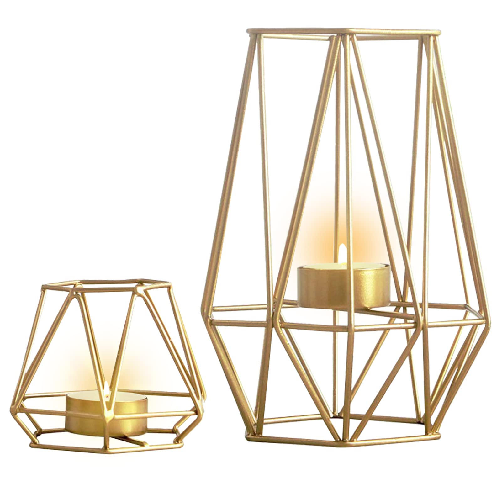 Nuptio Sfeexun Set of 2 Metal Hexagon Shaped Geometric Design Tea Light Votive Candle Holders-Iron Hollow Tealight Candle Holders for Vintage Wedding Home Decoration, Gold S + L Gold
