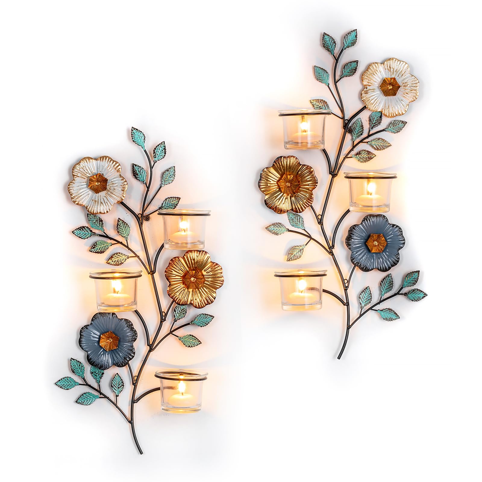 Sziqiqi Candle Sconces Wall Decor: Wall Candle Holders Set of 2 with 6 Tea Light Glass Cups - Coloured Metal Flower and Leaf Candelabra Sconces as Wall Art for Living Room Bathroom Bedroom Fireplace