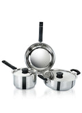 Delici Cookware Set Stainless Steel 5 Pcs with Heat Resistant Bakelite Handles, 304 Grade SS, Premium SS Lid, Sandwich Bottom, Flared Rim, Oven & Dishwasher Safe, Multi-Cooktop Compatibility (DSK 5B)
