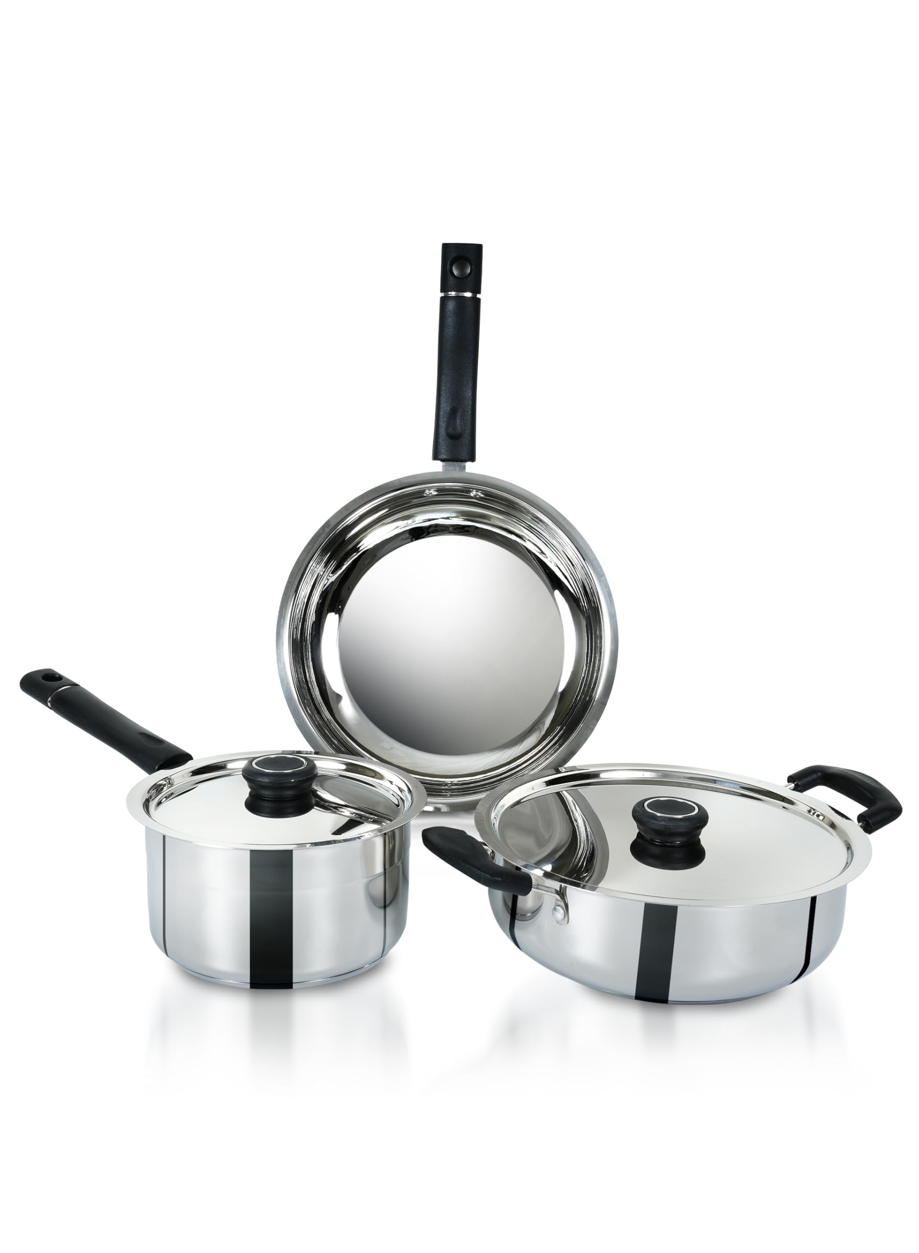 Delici Cookware Set Stainless Steel 5 Pcs with Heat Resistant Bakelite Handles, 304 Grade SS, Premium SS Lid, Sandwich Bottom, Flared Rim, Oven & Dishwasher Safe, Multi-Cooktop Compatibility (DSK 5B)