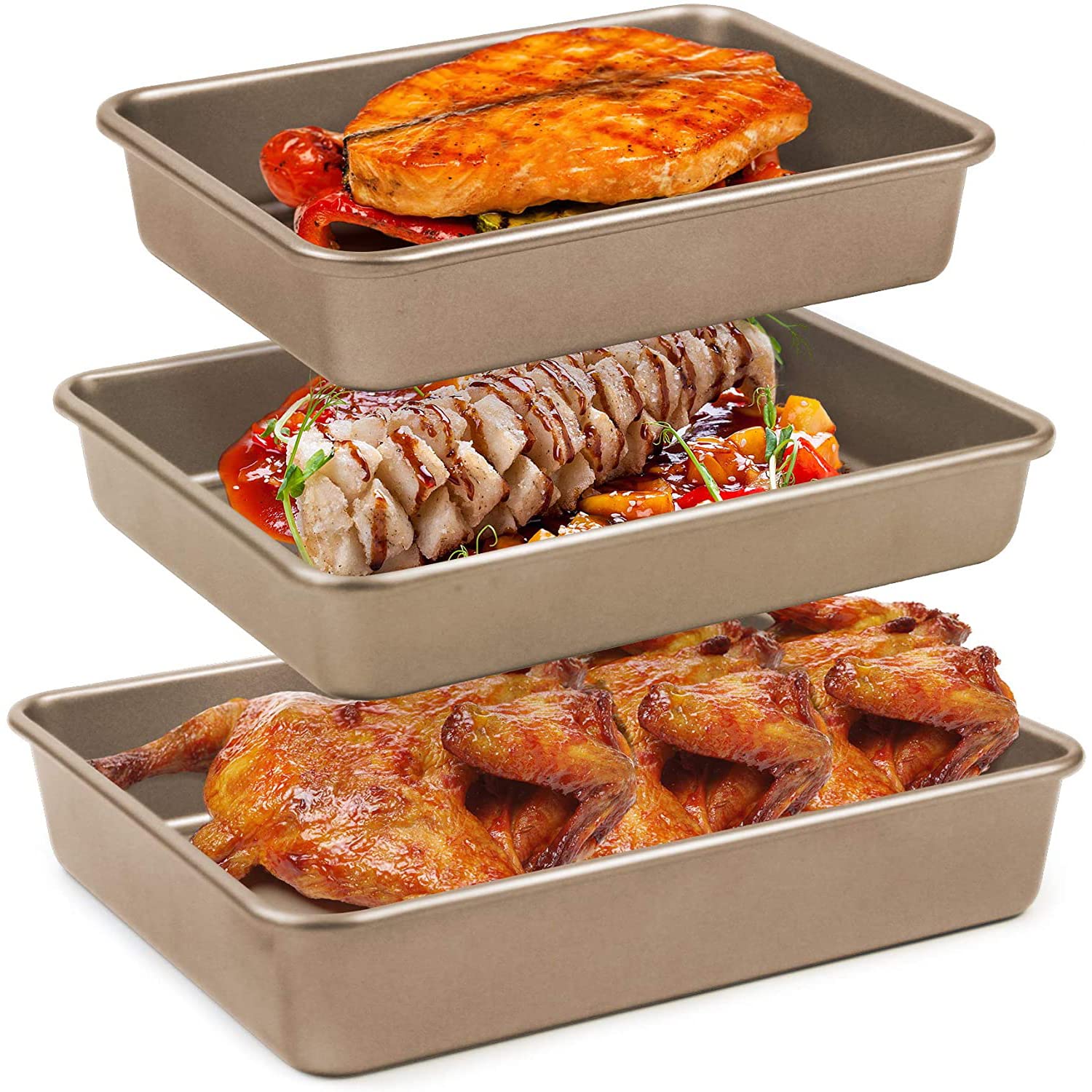Arabest Deep Baking Pans Set, 3pcs Durable Food Grade Carbon Steel Cake Pan, Non-stick Rectangle Oven Tray Baking Sheet Set, Sheet Cake Pan for Homemade Cakes, Breads (Rose Gold, 22.5, 28, 32cm)