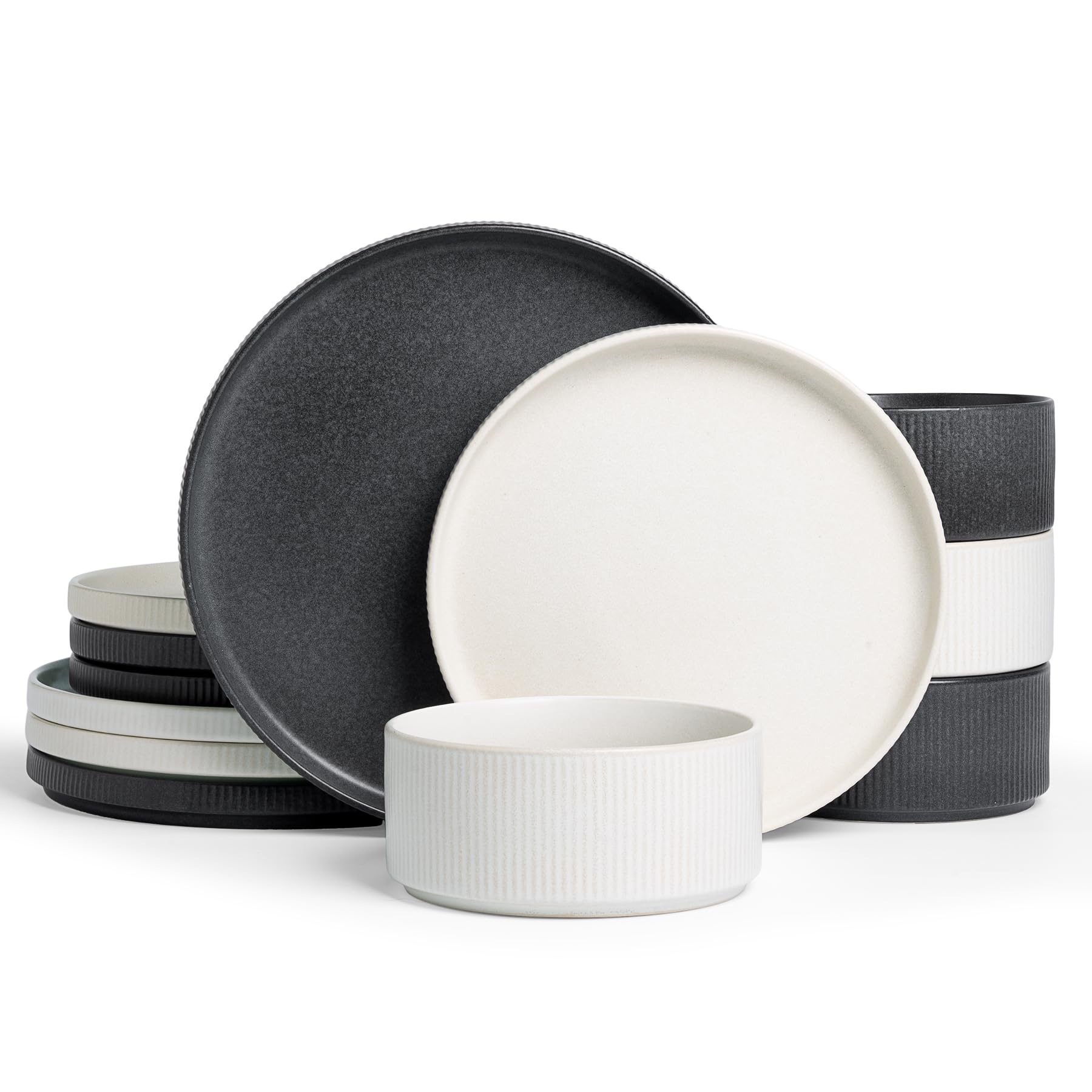 Famiware Star 12-Piece Dinner Set for 4 Plates and Bowls - Chip and Scratch Resistant Stoneware Ribbed Stoneware Microwave and Dishwasher Safe, Multicoloured, Matte White and