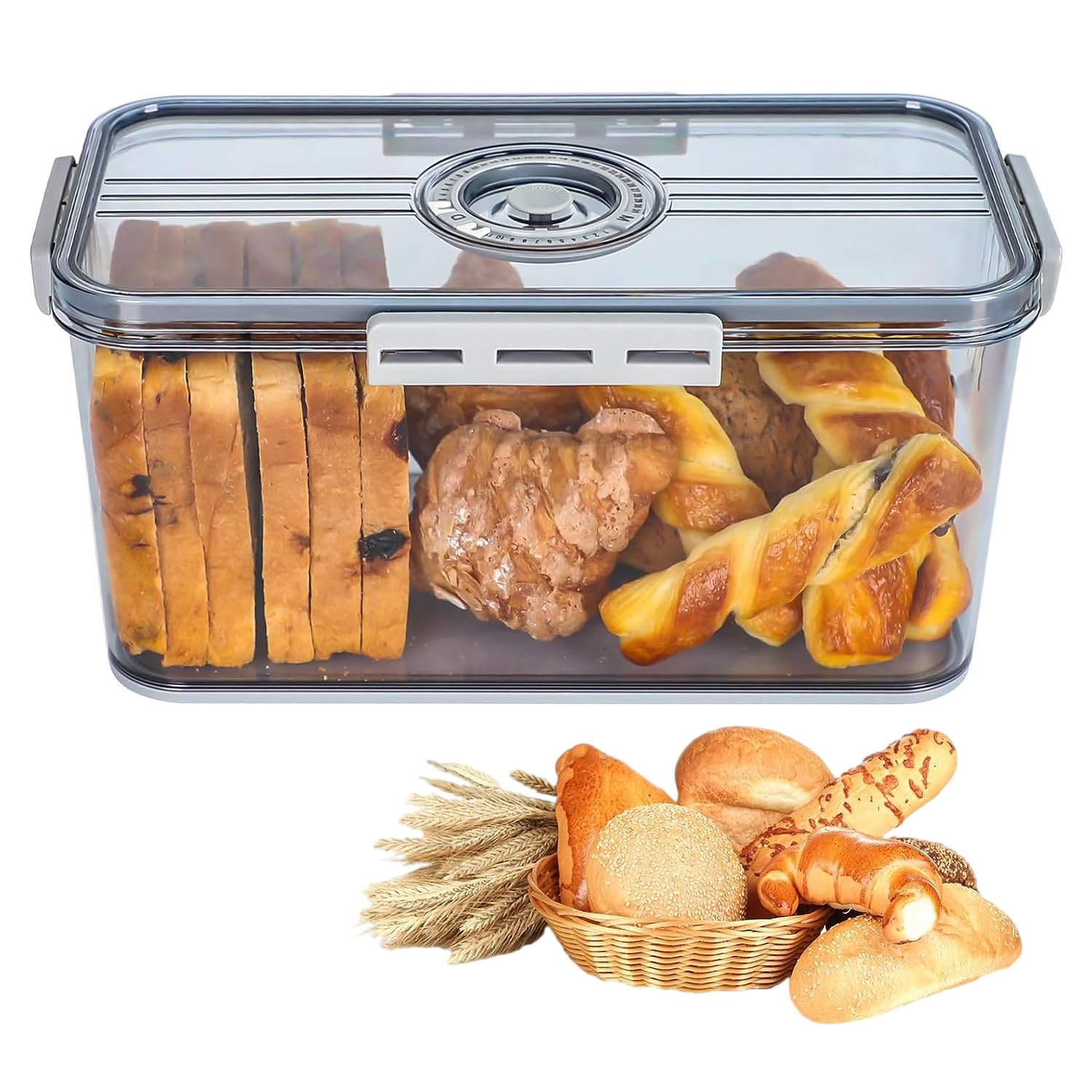 Angju Bread Box for Kitchen Countertop, Airtight Loaf Bread Storage Container, Time Recording Bread Keeper with Lid, Bread Holder Bin for Homemade Bread, Bun, Bagel, Loaf