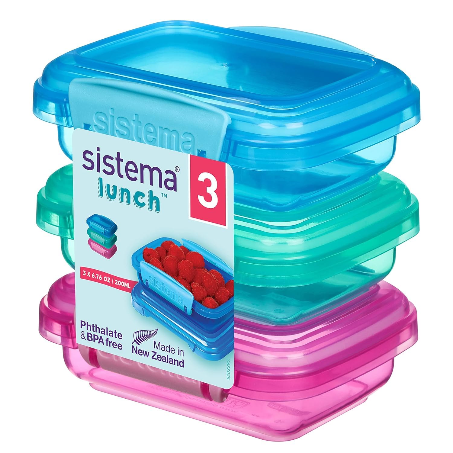 Sistema Lunch Food Storage Containers With Contrasting Clips, Green/Pink/Blue, 200 ml, Pack Of 3 6.7oz, 41524