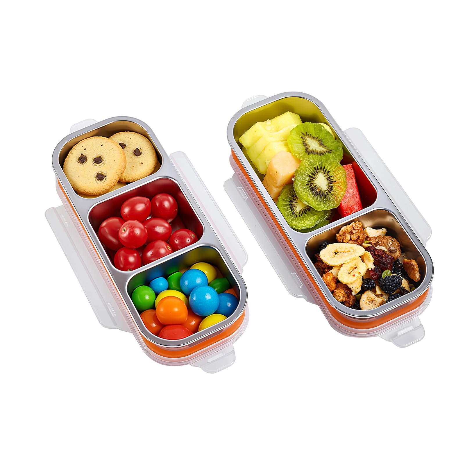 Stainless Steel Snackle Box Container - 2 Pack Bento Box for Kids & Adults, 3 Compartment Leak-Proof Snackle Containers with Lids (Orange)