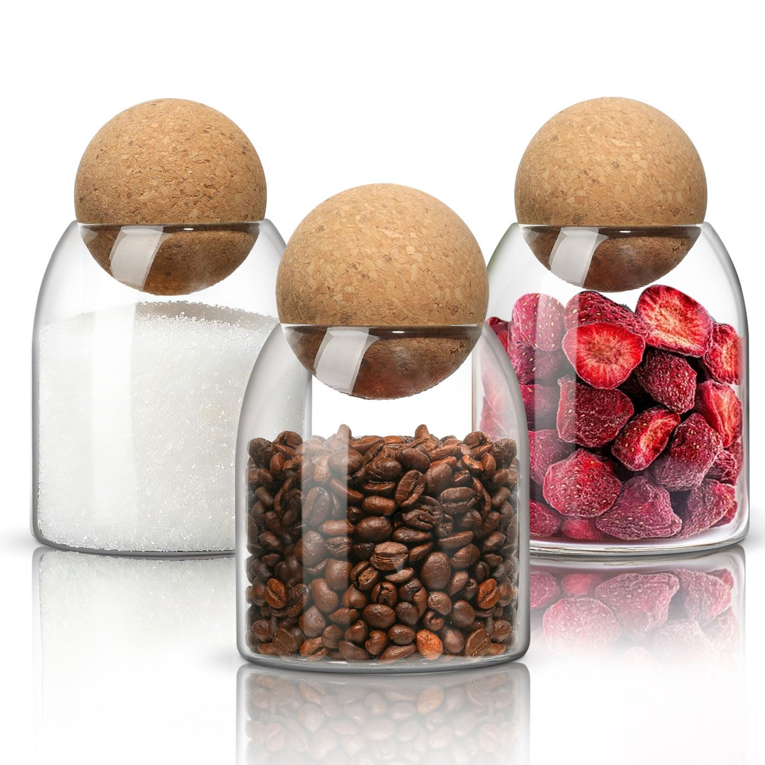 ComSaf 3 Pack 16oz Clear Decorative Glass Jars with Cork Ball Lid - Coffee Bar Kitchen Counter Bathroom Storage, Dishwasher Safe, Glass Canisters for Coffee Sugar Candy Storage - Home Decor & Gifting