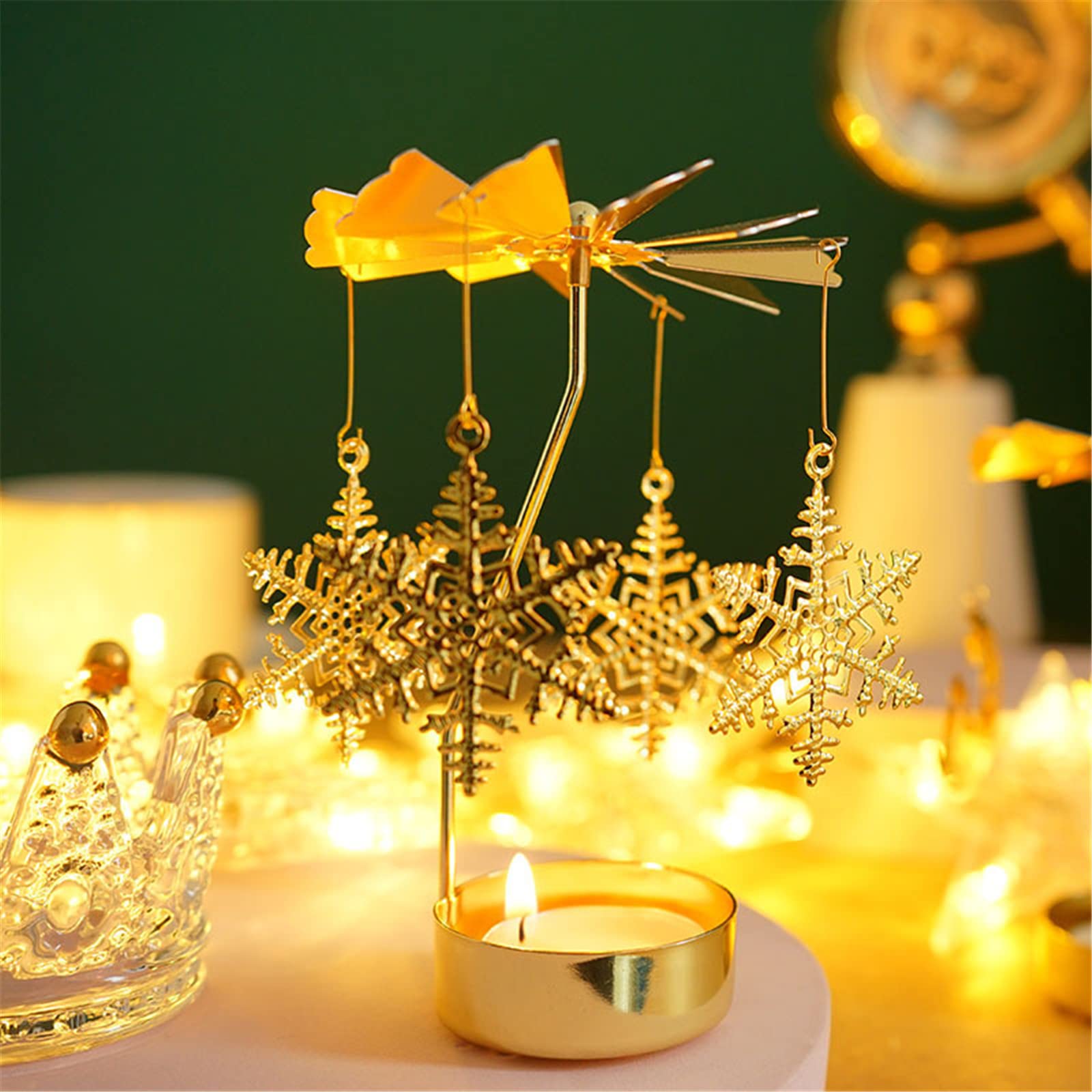 Rotating Candle Holder, Gold Spining Metal Tealight Candle Holder for Christmas, Valentine's Day, Party Table Decor, Wedding (Snowflake)