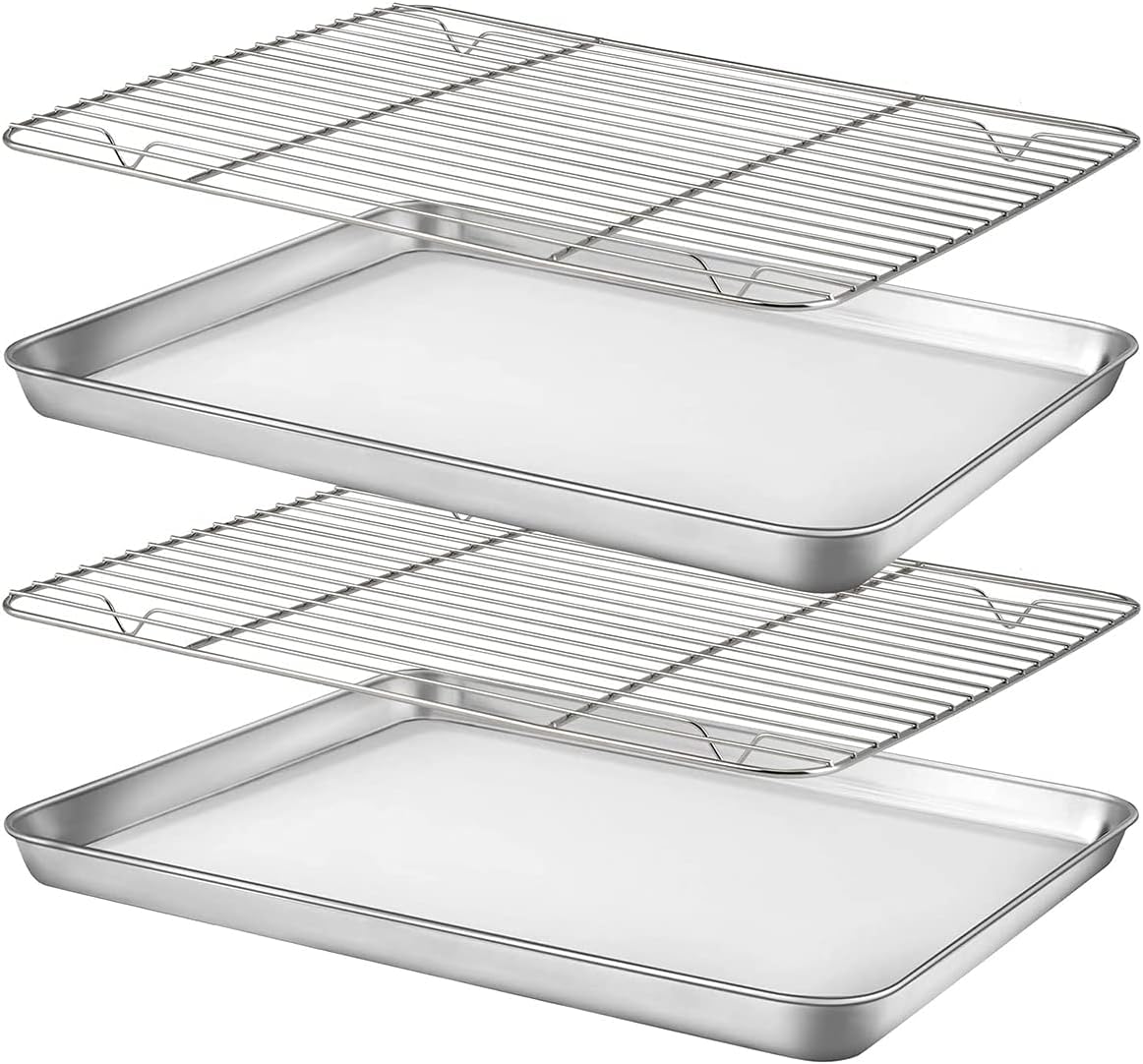Yelajoy Baking Sheet Nonstick Baking Pans with Rack four-piece Set Steel Cookie Sheet Pan with Cooling Rack for Oven (16" x 12" x 1") Tray Non-Toxic Heavy Duty Easy Clean