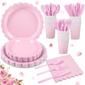 175 Pcs Pink Paper Plates and Napkins, Light Pink Party Supplies Include Scalloped Plate, Napkins, Cups, Plastic Spoons, Forks, Knives, for Baby Shower, Wedding, Birthday