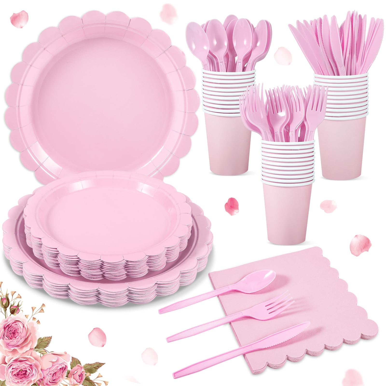 175 Pcs Pink Paper Plates and Napkins, Light Pink Party Supplies Include Scalloped Plate, Napkins, Cups, Plastic Spoons, Forks, Knives, for Baby Shower, Wedding, Birthday