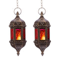 Nuptio 2 Pcs Hanging Hexagon Decorative Moroccan Candle Lantern Holders, Handmade Hanging Tea Light Holder in Bronze Metal & Red & Purple Glass Gift & Decor Items