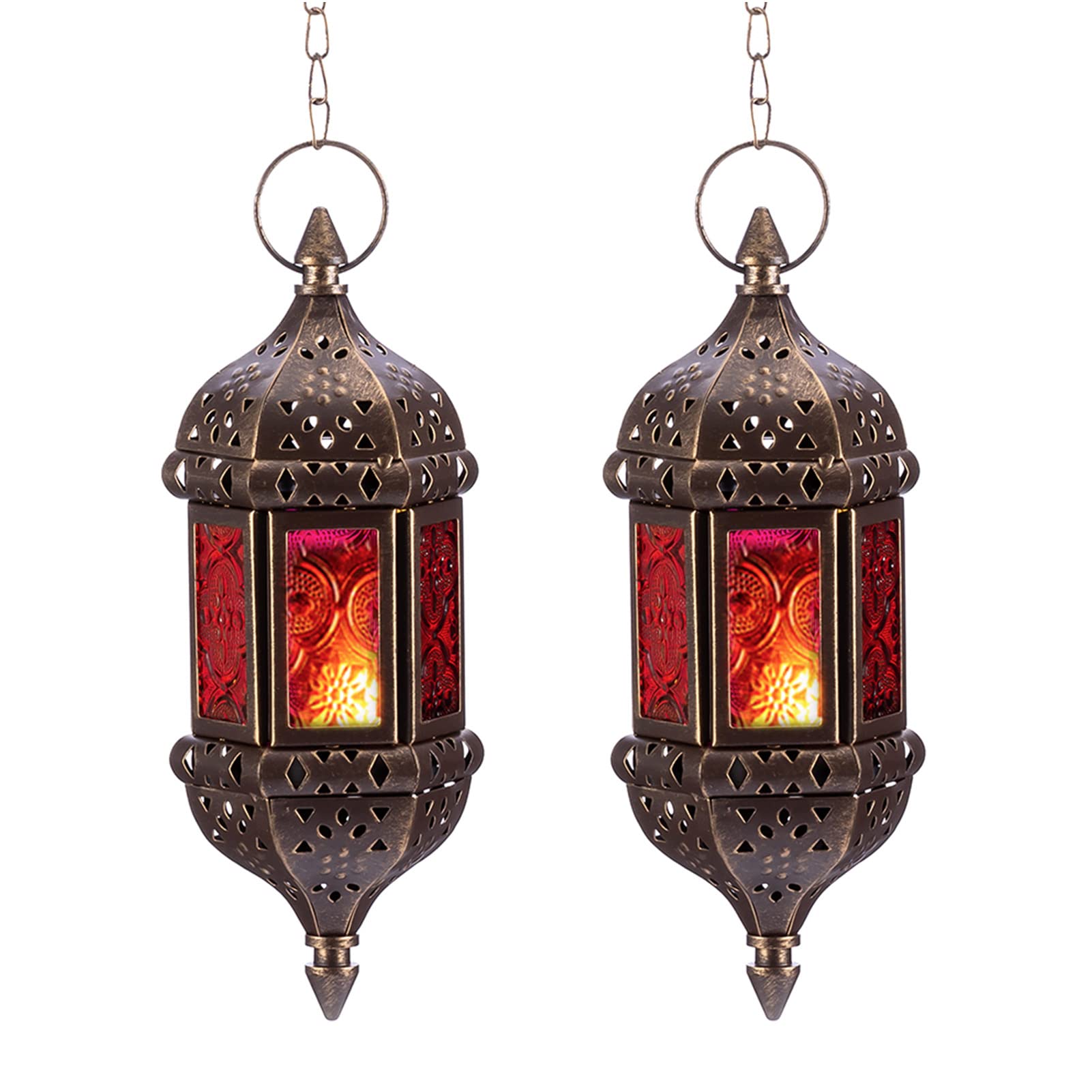 Nuptio 2 Pcs Hanging Hexagon Decorative Moroccan Candle Lantern Holders, Handmade Hanging Tea Light Holder in Bronze Metal & Red & Purple Glass Gift & Decor Items