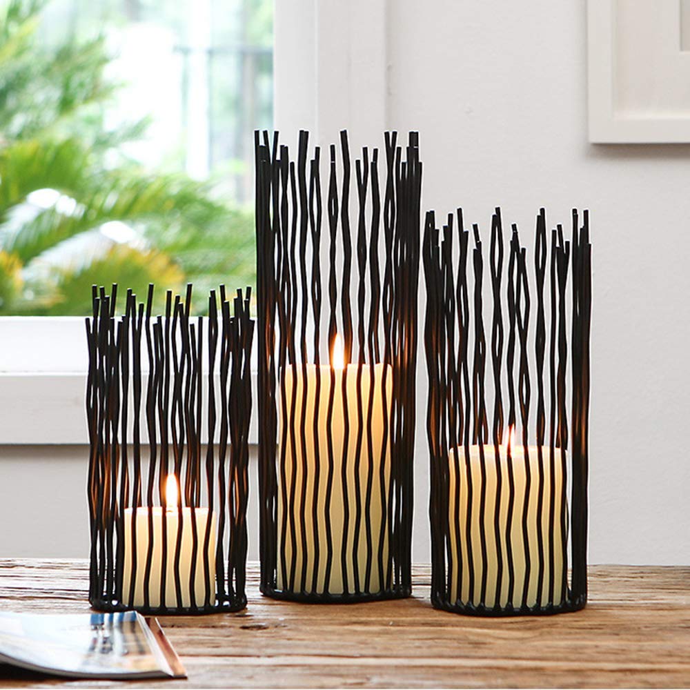 LoveCat Metal Wire Willow Pillar Candle Holder Set of 3, Creative Wire Cage Candleholder Set for Fireplace Mantel Decoration, 8/10/12 inch Black Tealight Lanterns for Table Centerpiece