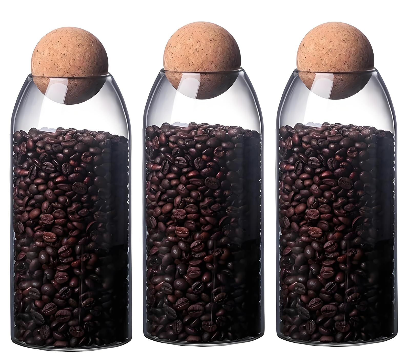 SKY-TOUCH 3-Pack 1200ML Glass Storage Jars with Ball Cork Lid – Airtight Sealed Canister for Food, Spices, Coffee, Tea, and More – Decorative Glass Organizer with Wooden Lid