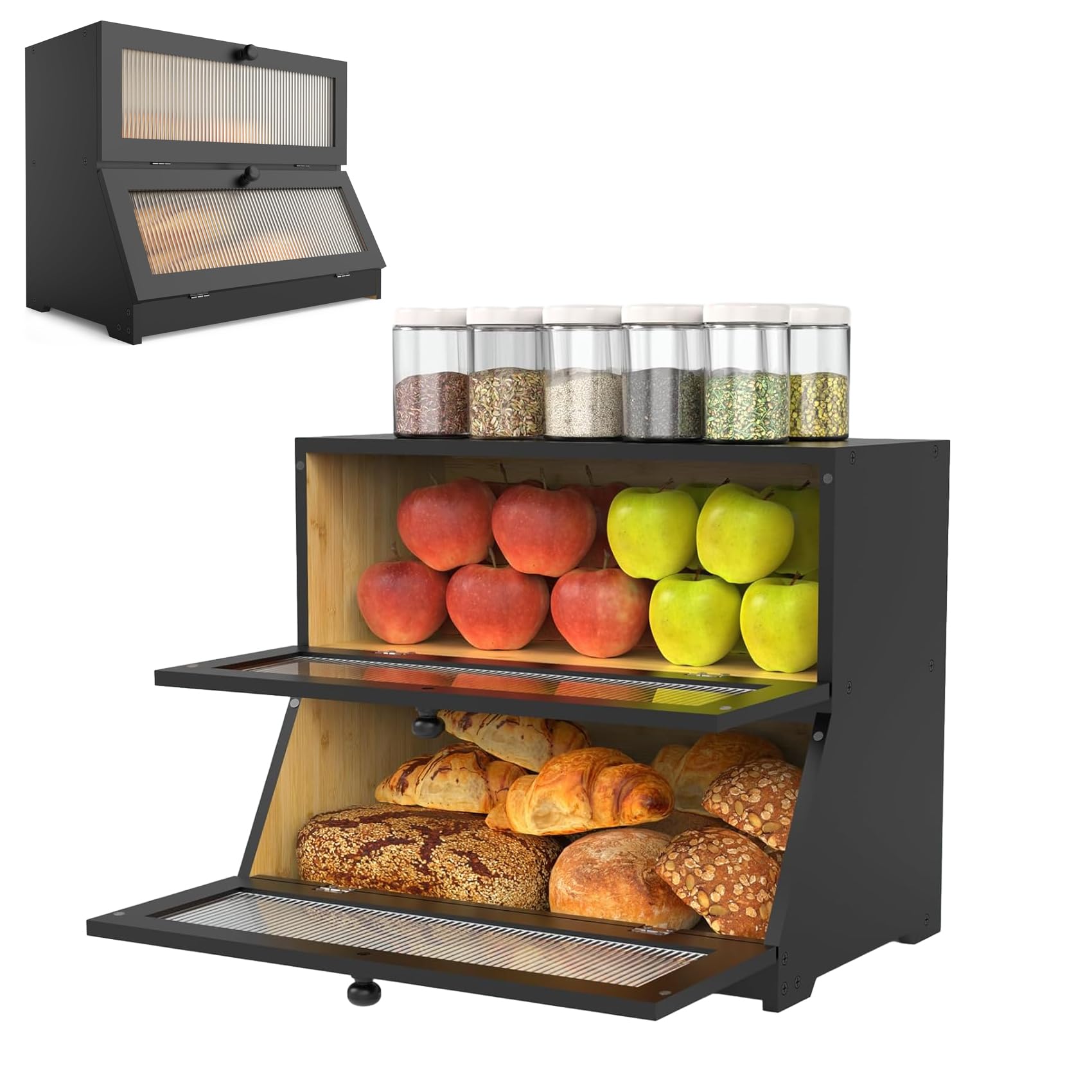 Black Bread Storage Container for Homemade Bread, Large Bread Box for Kitchen Countertop, Two Layer Farmhouse Breadbox Organizer for Kitchen Counter Corner, Cabinet, 39 * 24 * 32Cm
